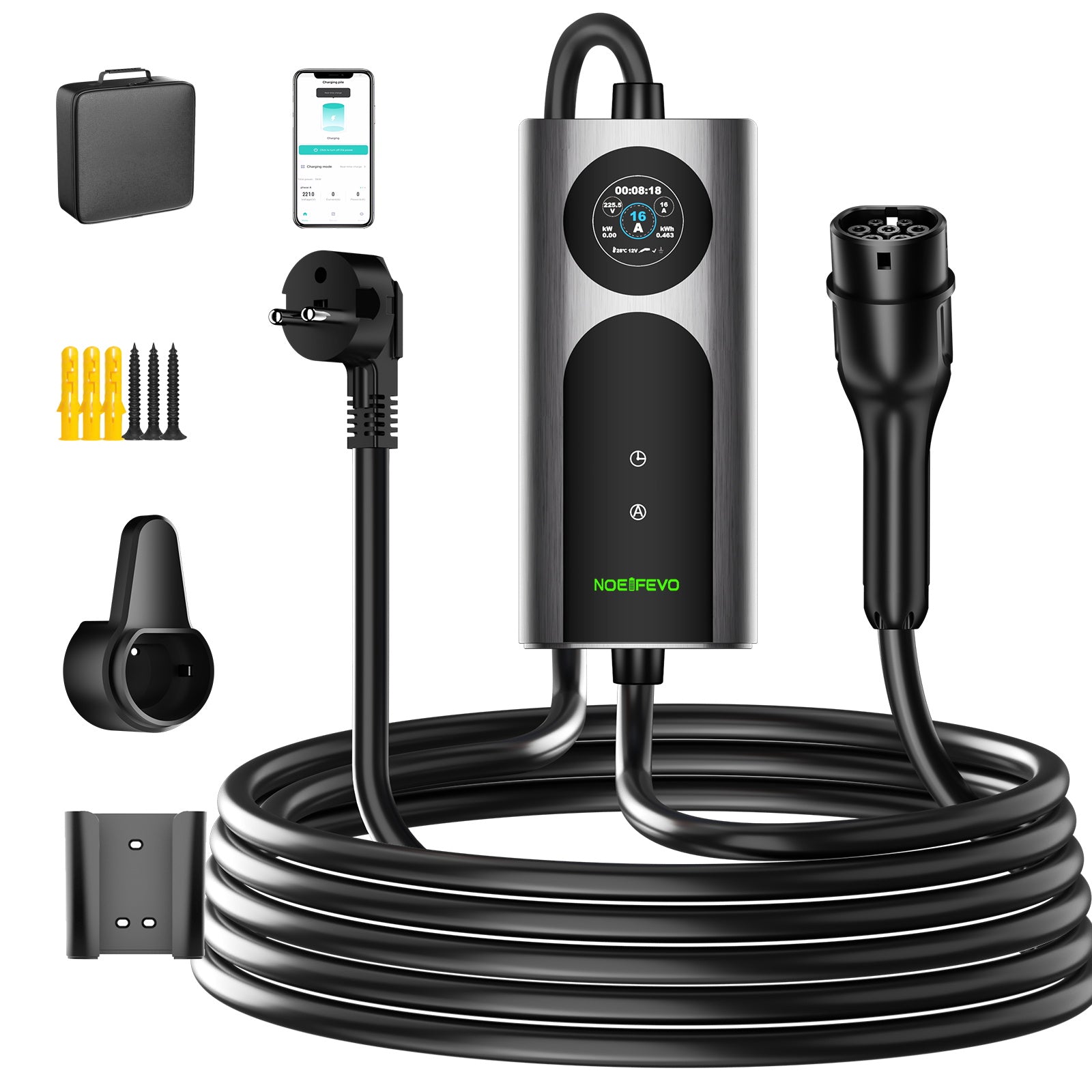 NOEIFEVO 2026 Pro Typ 2 Ladekabel Schuko 220V, 3,7kW Mobile Wallbox mit APP, 6-16A 1-phasig Ladekabel e auto  für Allen EVs(IEC 62196-2) & PHEVS