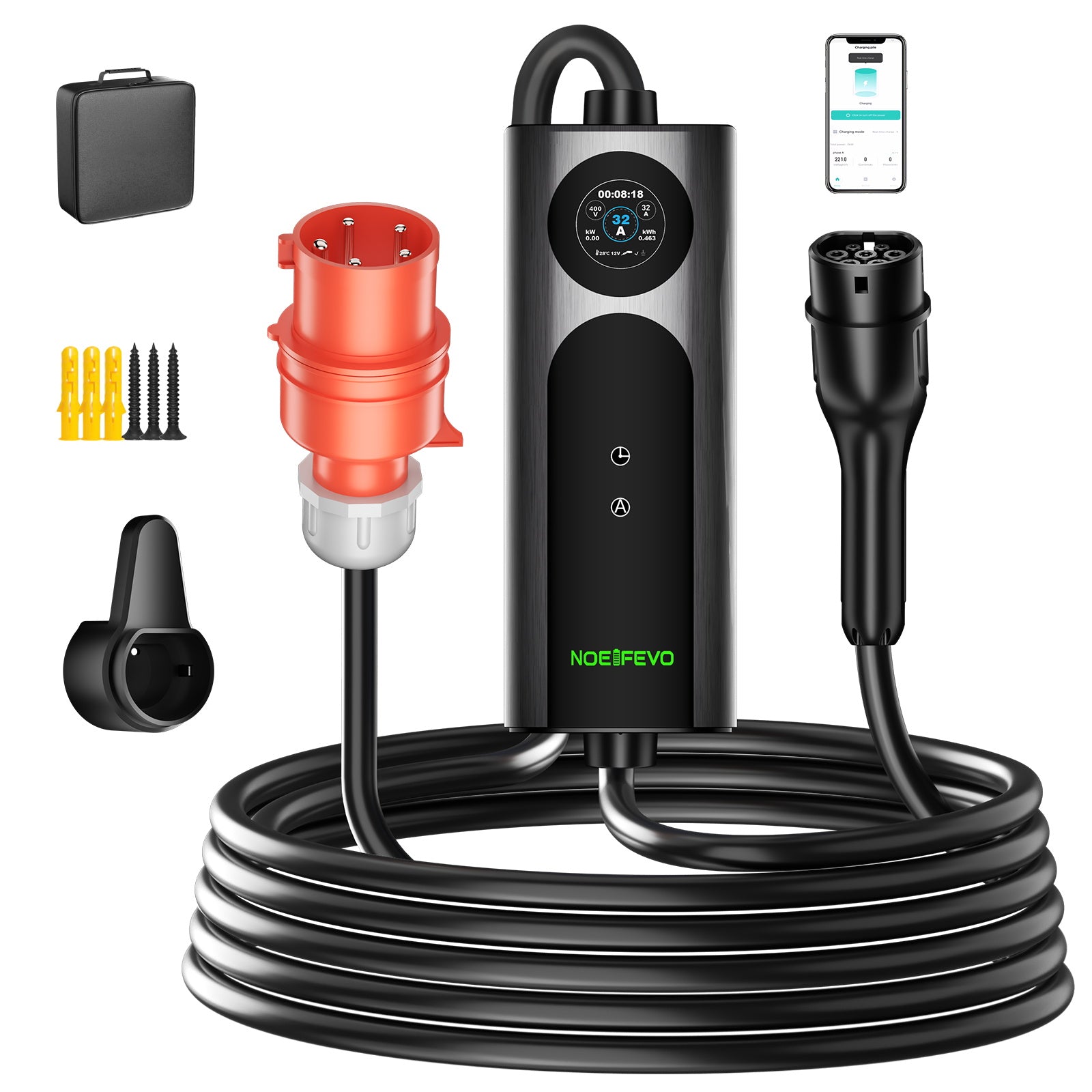 NOEIFEVO 2026 Pro Mobile Wallbox 22kw mit app, e auto CEE 32A auf Typ 2 Ladekabel, 3-phasig EV Ladegerät für Allen EVs(IEC 62196-2) & PHEVS