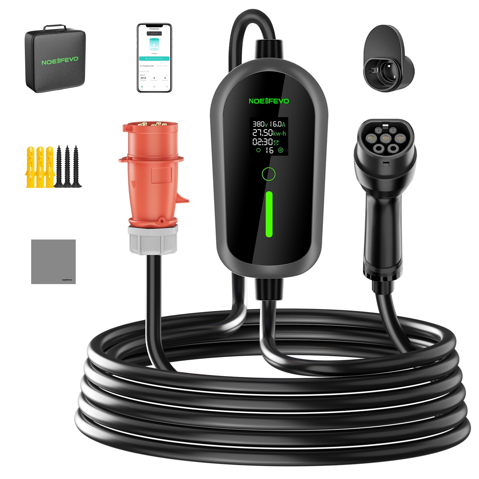 NOEIFEVO F097 11KW EV Mobile Wallbox mit APP, 3-phasig 6-16A mit Einstellbarer Ladeleistung, Wlan-Fernbedienung Ladekabel CEE 16A auf Typ 2  EV Ladegerät