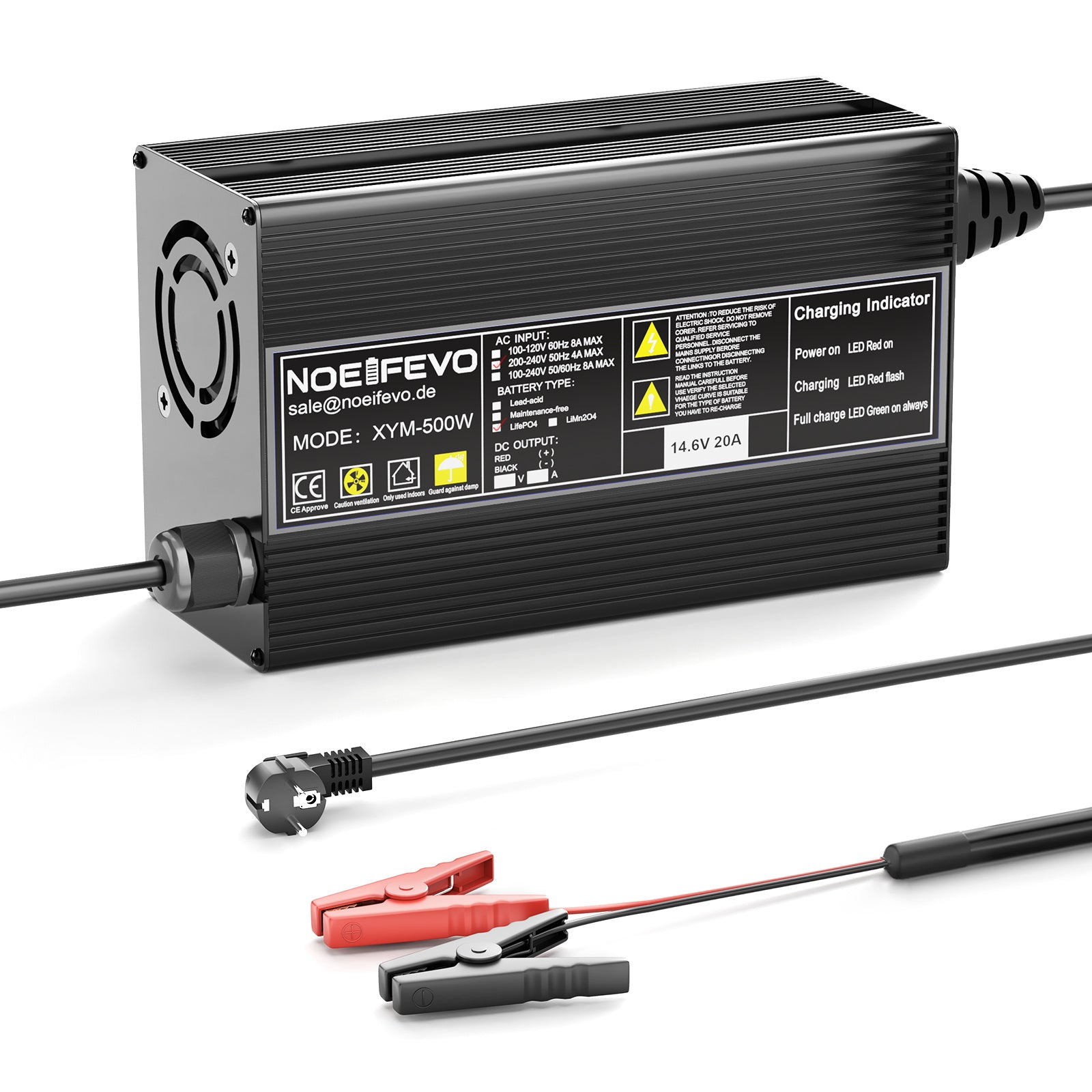Noeifevo 14.6V 20A LiFePO4 Battery Charger for 12V 12.8V LiFePO4 Lithium Batteries, 0V BMS Activation, Auto Shut-Off, Aluminum Alloy Housing