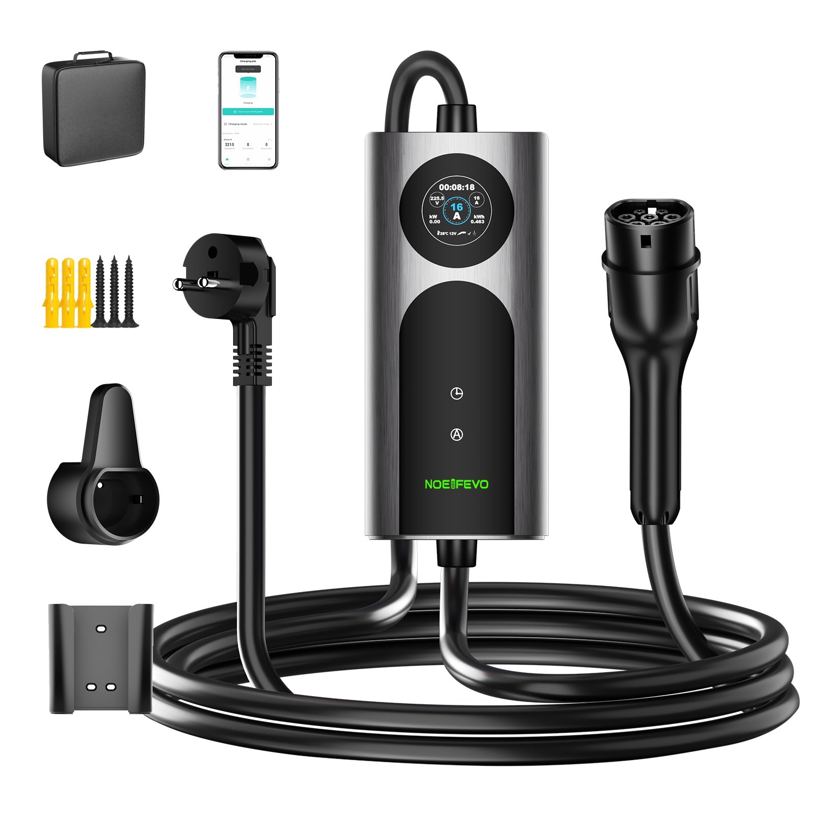NOEIFEVO 2026 Pro Typ 2 Ladekabel Schuko 220V, 3,7kW Mobile Wallbox mit APP, 6-16A 1-phasig Ladekabel e auto  für Allen EVs(IEC 62196-2) & PHEVS