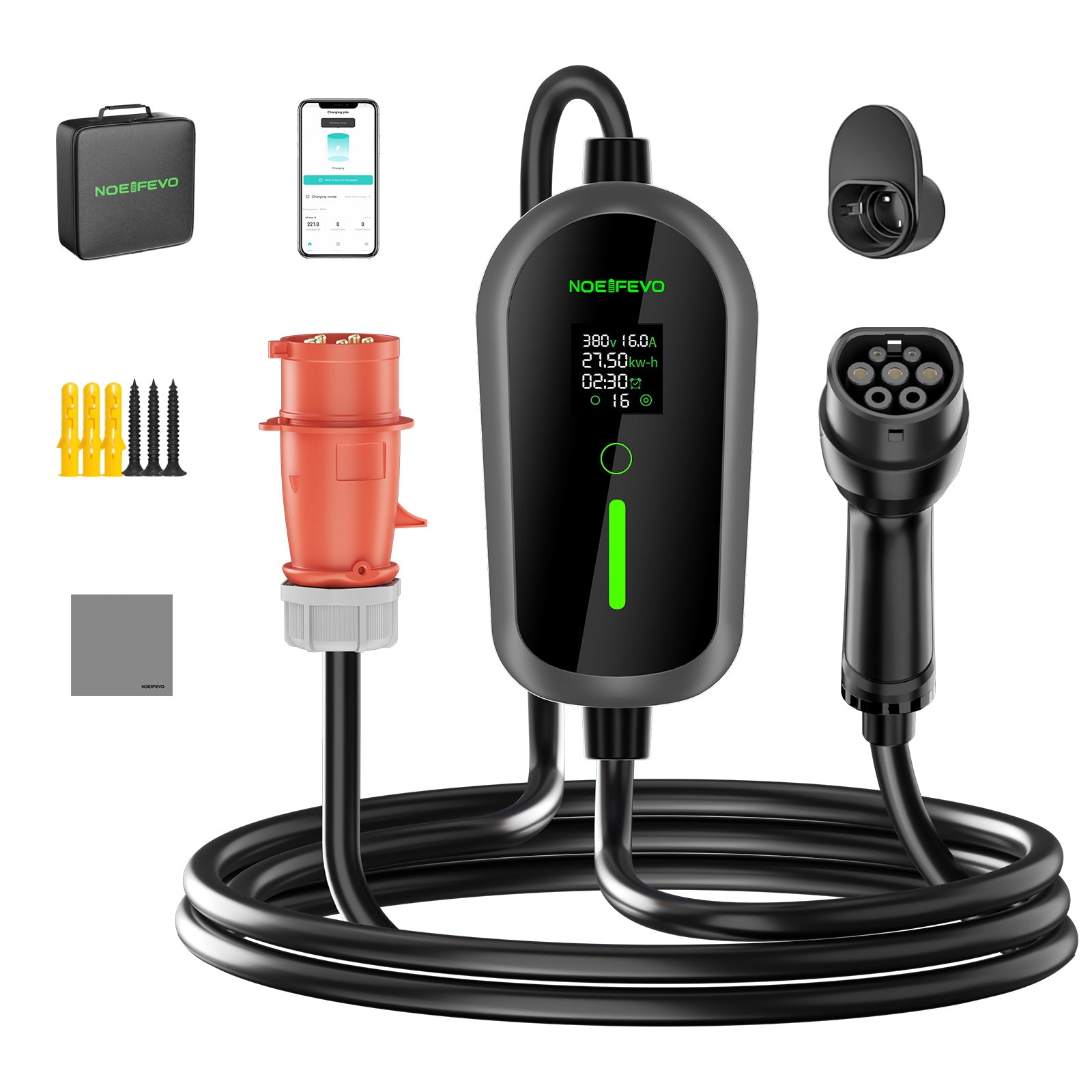 NOEIFEVO F097 11KW EV Mobile Wallbox mit APP, 3-phasig 6-16A mit Einstellbarer Ladeleistung, Wlan-Fernbedienung Ladekabel CEE 16A auf Typ 2  EV Ladegerät
