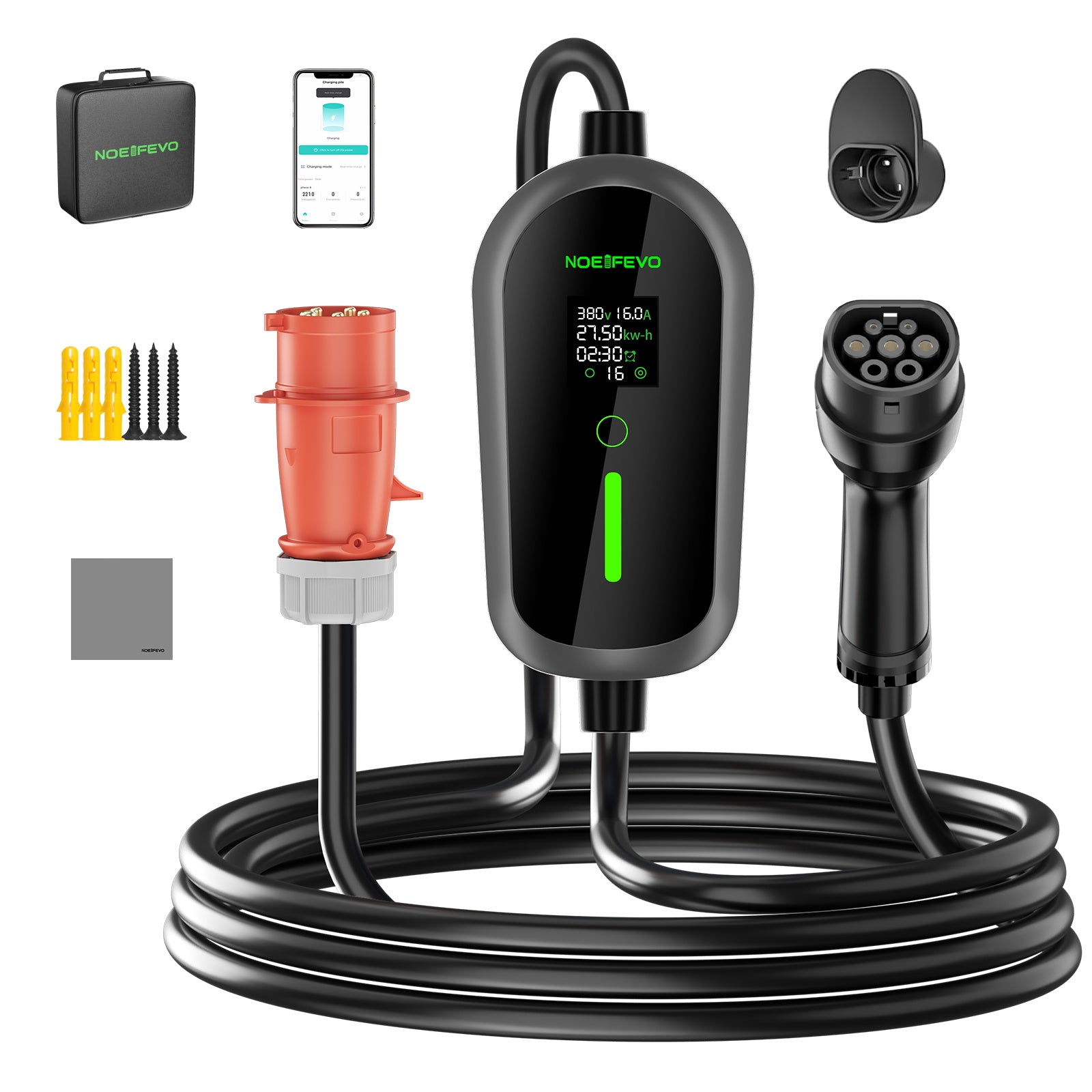 NOEIFEVO F097 11KW EV Mobile Wallbox mit APP, 3-phasig 6-16A mit Einstellbarer Ladeleistung, Wlan-Fernbedienung Ladekabel CEE 16A auf Typ 2  EV Ladegerät