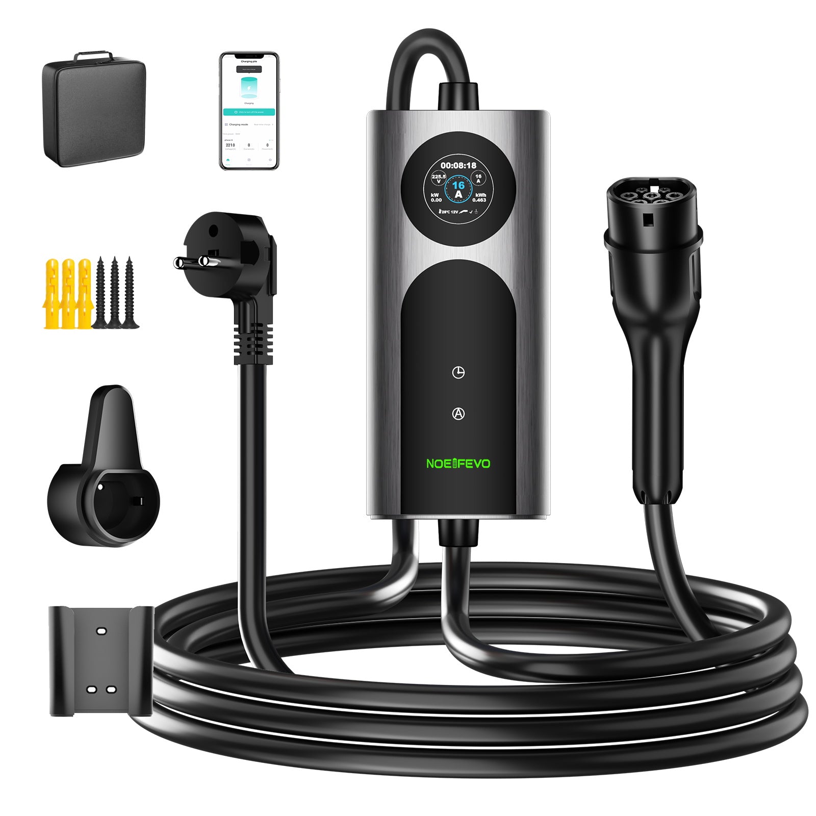 NOEIFEVO 2026 Pro Typ 2 Ladekabel Schuko 220V, 3,7kW Mobile Wallbox mit APP, 6-16A 1-phasig Ladekabel e auto  für Allen EVs(IEC 62196-2) & PHEVS