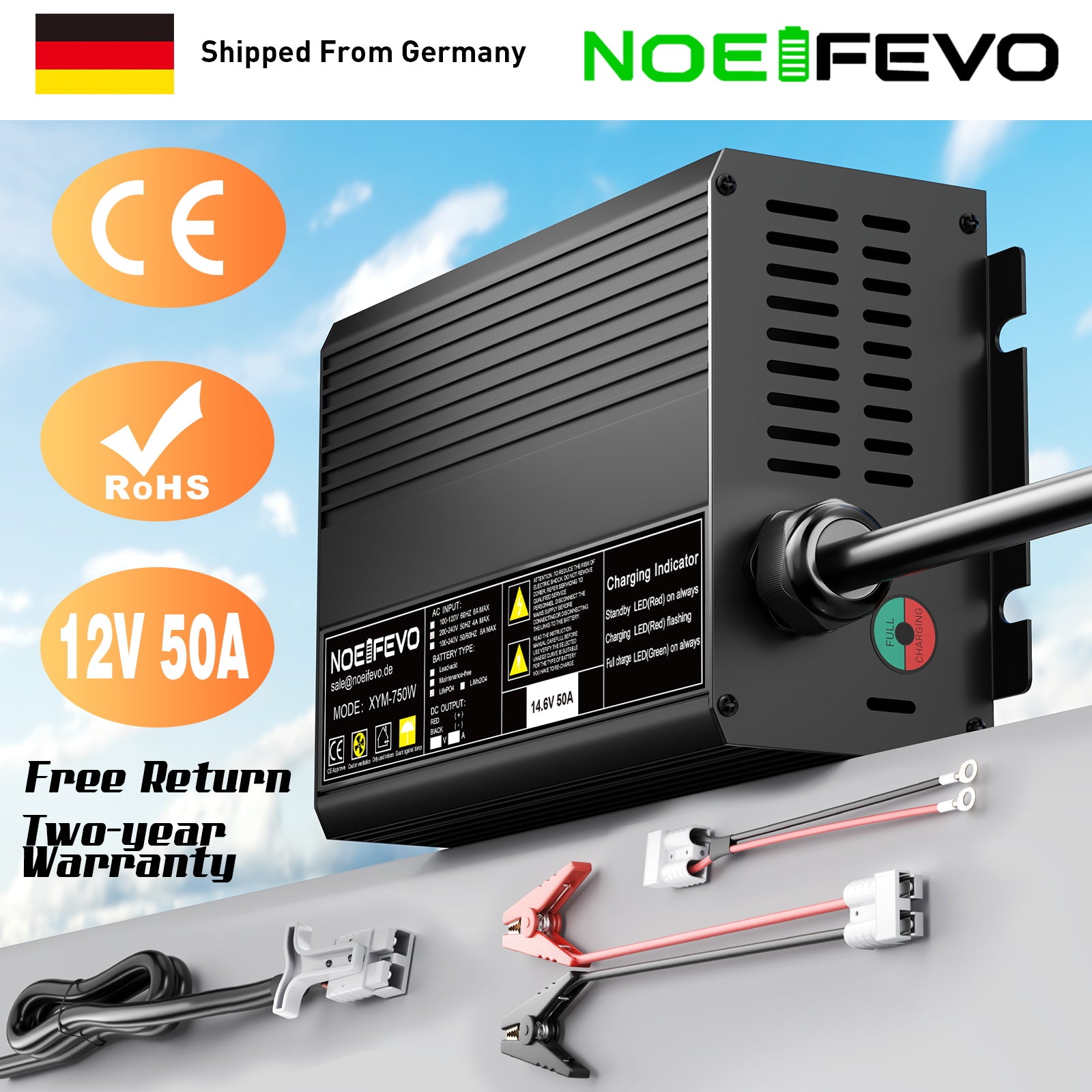 Noifevo 14.6V 50A Fast Lithium LiFePO4 Battery Charger for 12V(12.8V) LiFePO4 Battery, 0V BMS Activation, Automatic Shutdown with Full Protection