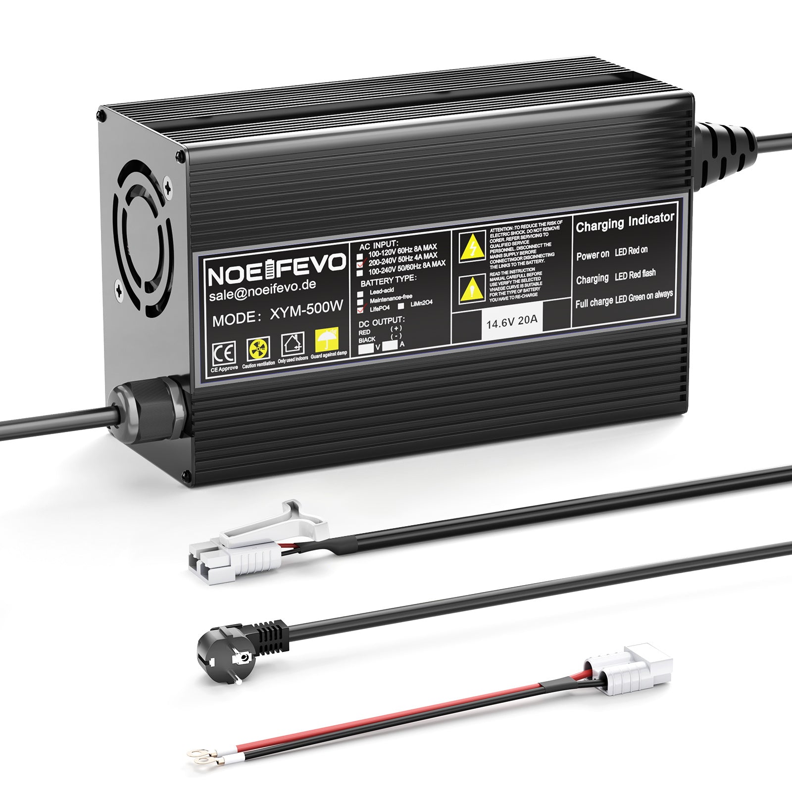 Noeifevo 14.6V 20A LiFePO4 Battery Charger for 12V 12.8V LiFePO4 Lithium Batteries, 0V BMS Activation, Auto Shut-Off, Aluminum Alloy Housing