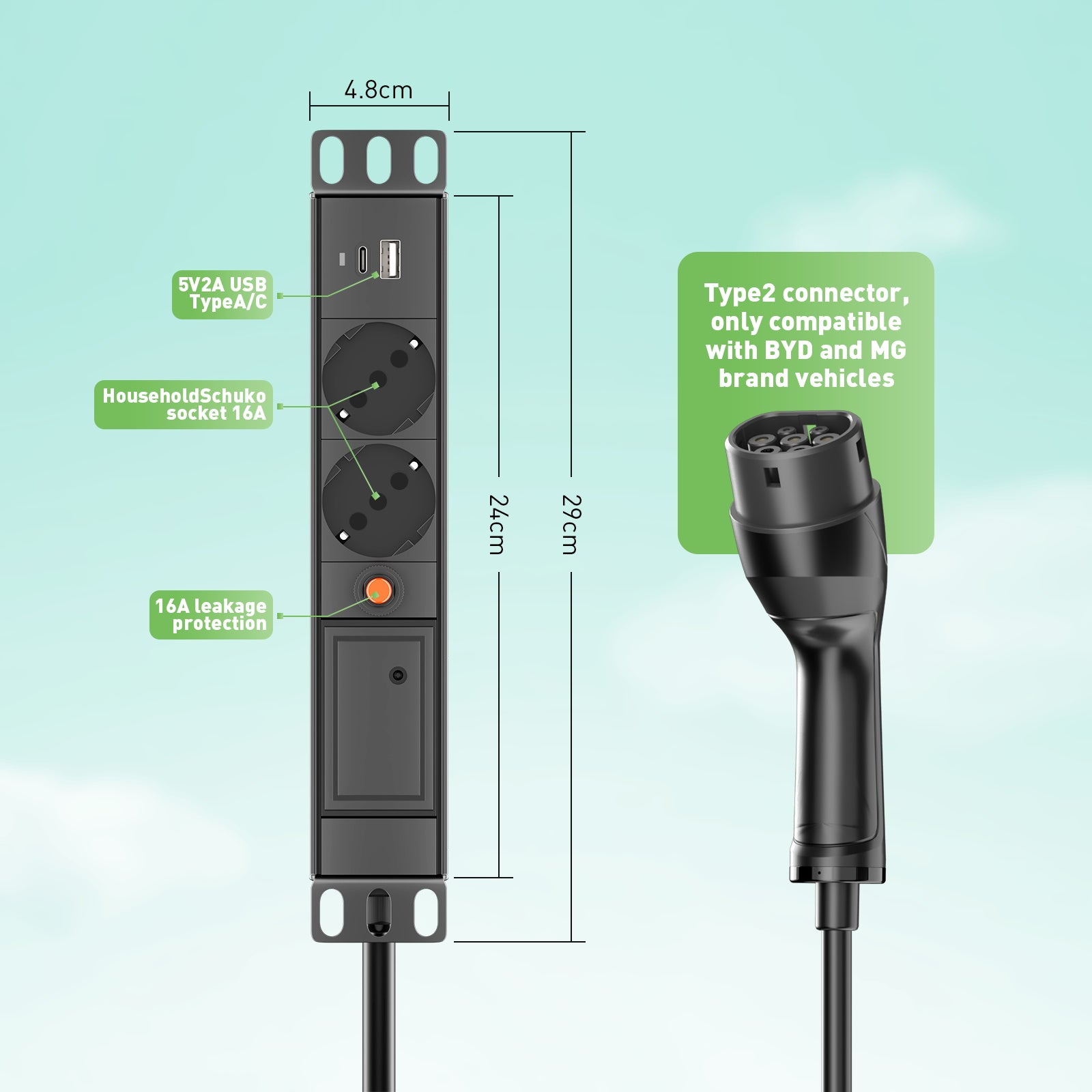 Adaptér Noeifevo z vozidla na zátěž (V2L) pro MG a BYD ,Adaptér pro vybíjení elektrických vozidel 16A typ 2 do zásuvky Schuko s 5metrovým kabelem