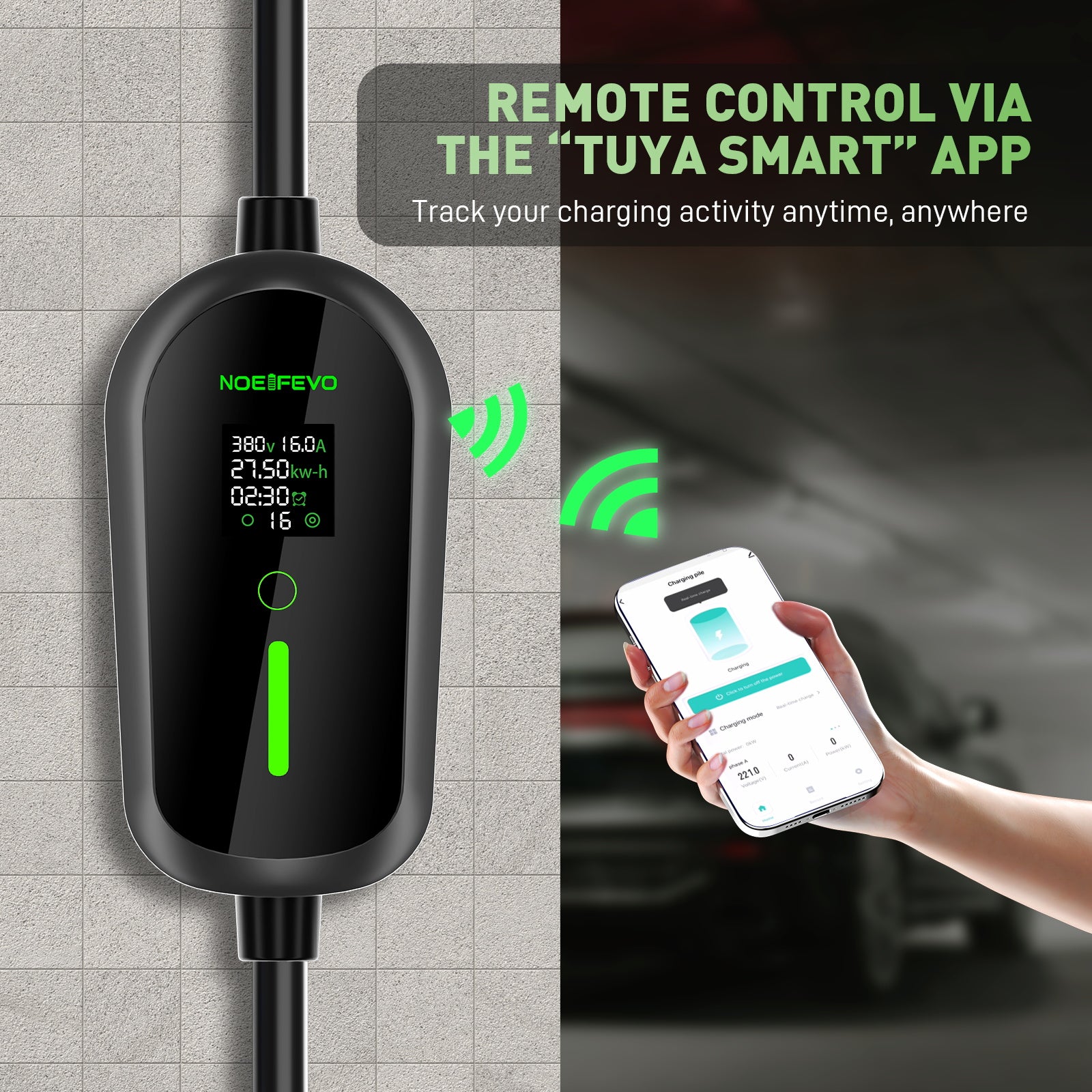 NOEIFEVO F097 11KW EV Mobile Wallbox mit APP, 3-phasig 6-16A mit Einstellbarer Ladeleistung, Wlan-Fernbedienung Ladekabel CEE 16A auf Typ 2  EV Ladegerät