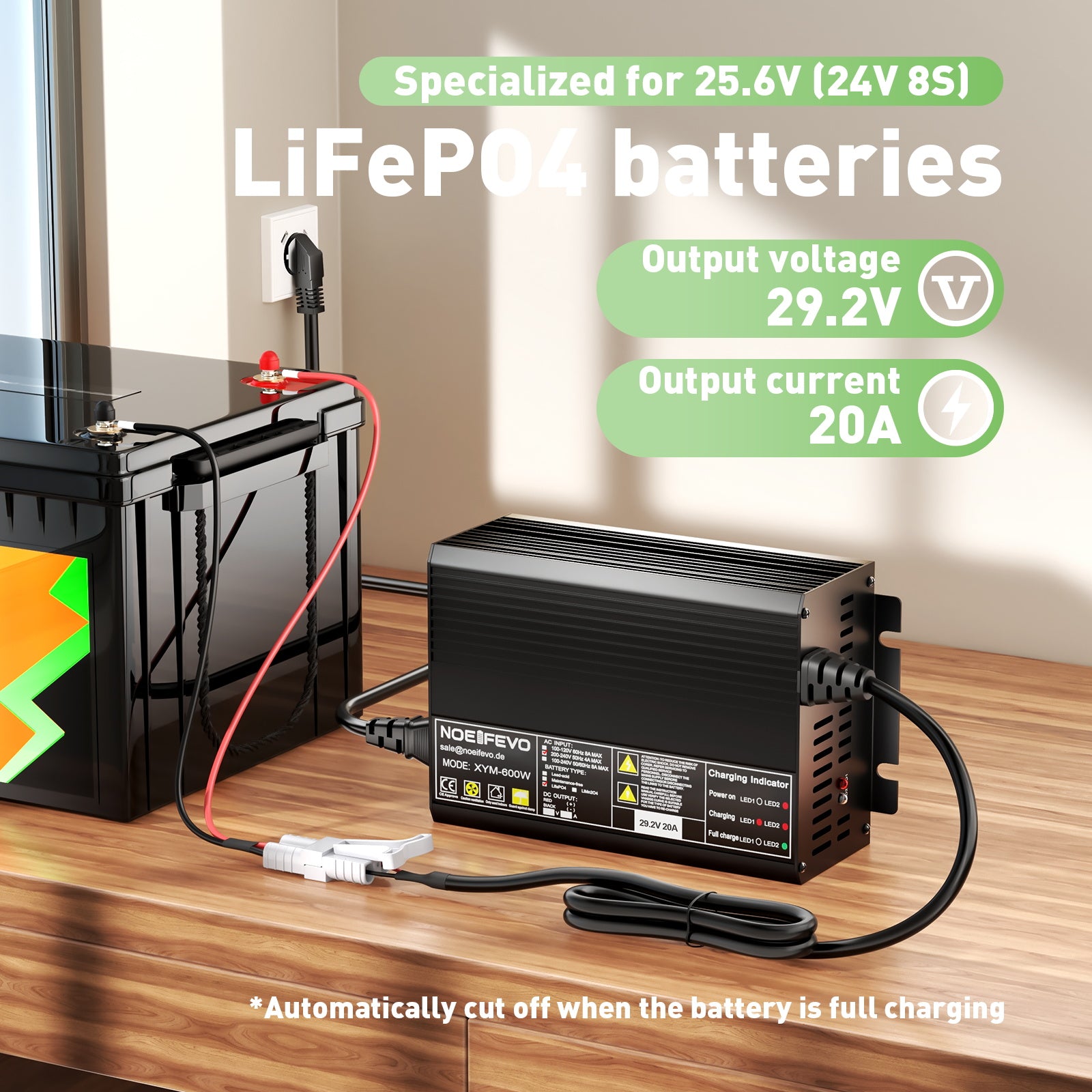 Noeifevo 29,2V 20A LiFePO4 batteriladdare för 24V 25,6V litiumbatteri, 0V BMS aktivera, automatisk avstängning med fullt skydd