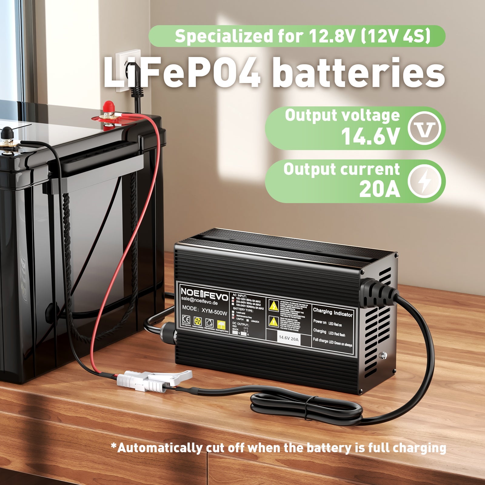 Noeifevo 14.6V 20A LiFePO4 Battery Charger for 12V 12.8V LiFePO4 Lithium Batteries, 0V BMS Activation, Auto Shut-Off, Aluminum Alloy Housing