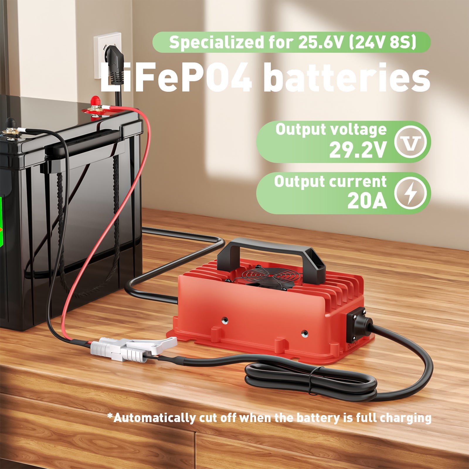 NOEIFEVO 29,2V 20A vattentät LiFePO4 batteriladdare för 25,6V(24V) 8S litiumbatteri,0V BMS-aktivering, med fullt skydd