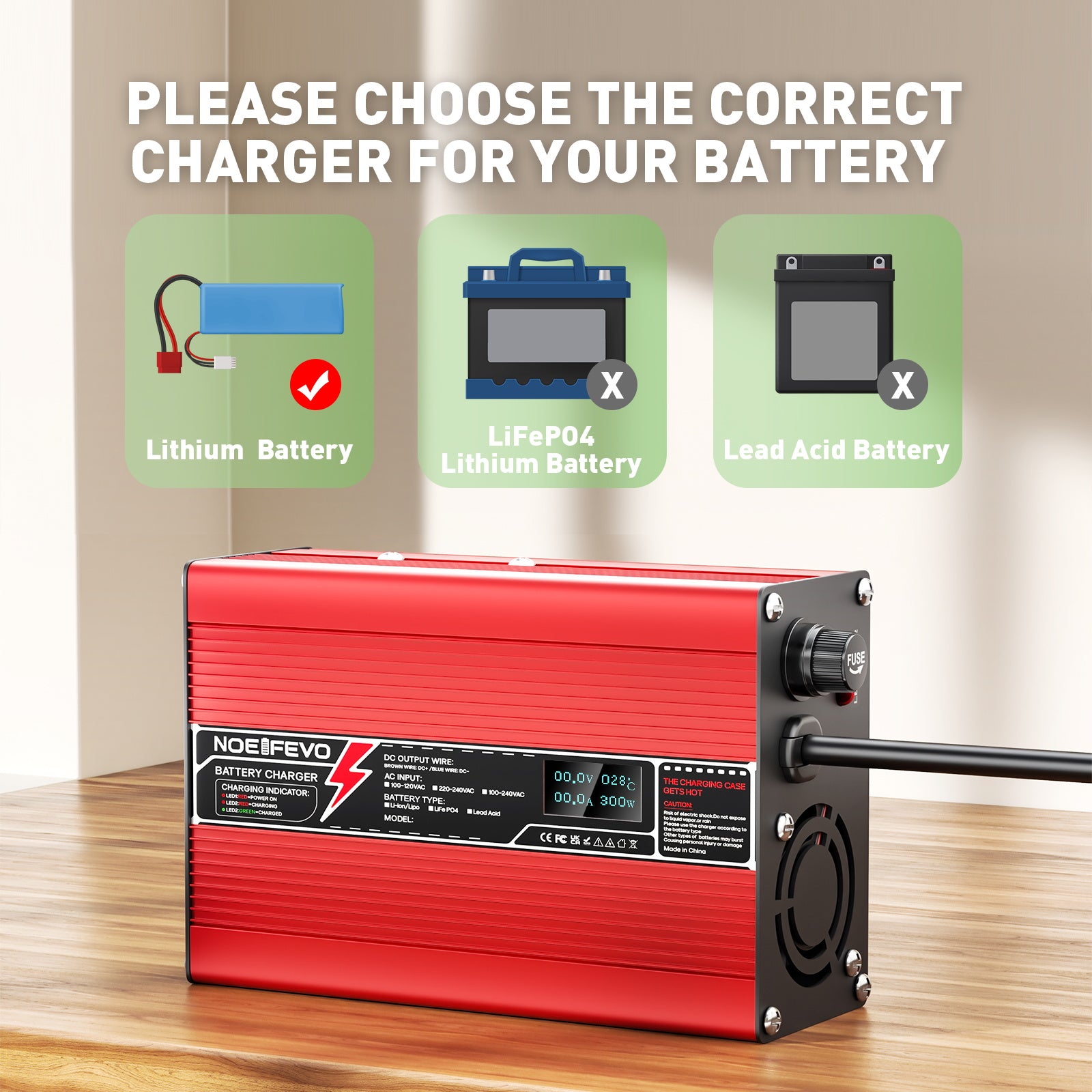 NOEIFEVO 14.6V 5A 6A 7A 8A 10A LiFePO4 Batterie-Ladegerät für 4S 12V 12.8V LiFePO4 Batterie, mit LCD-Anzeige, Kühlventilator, automatischer Abschaltung(RED)
