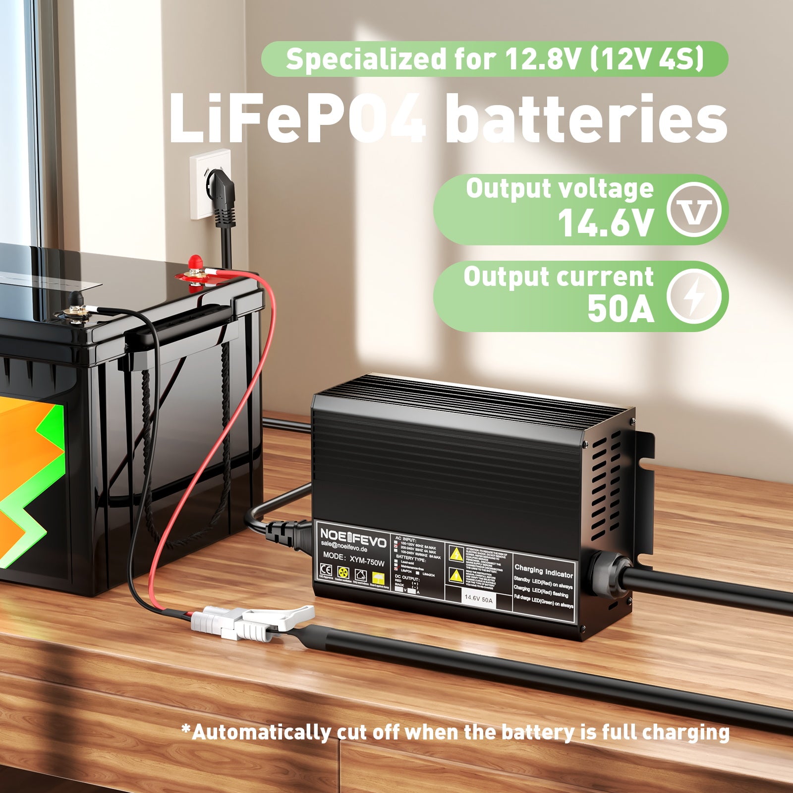 Noeifevo 14.6V 50A Fast Lithium LiFePO4 Battery Charger for 12V (12.8V) LiFePO4 Batteries, 0V BMS Activation, Automatic Shutdown with Full Protection