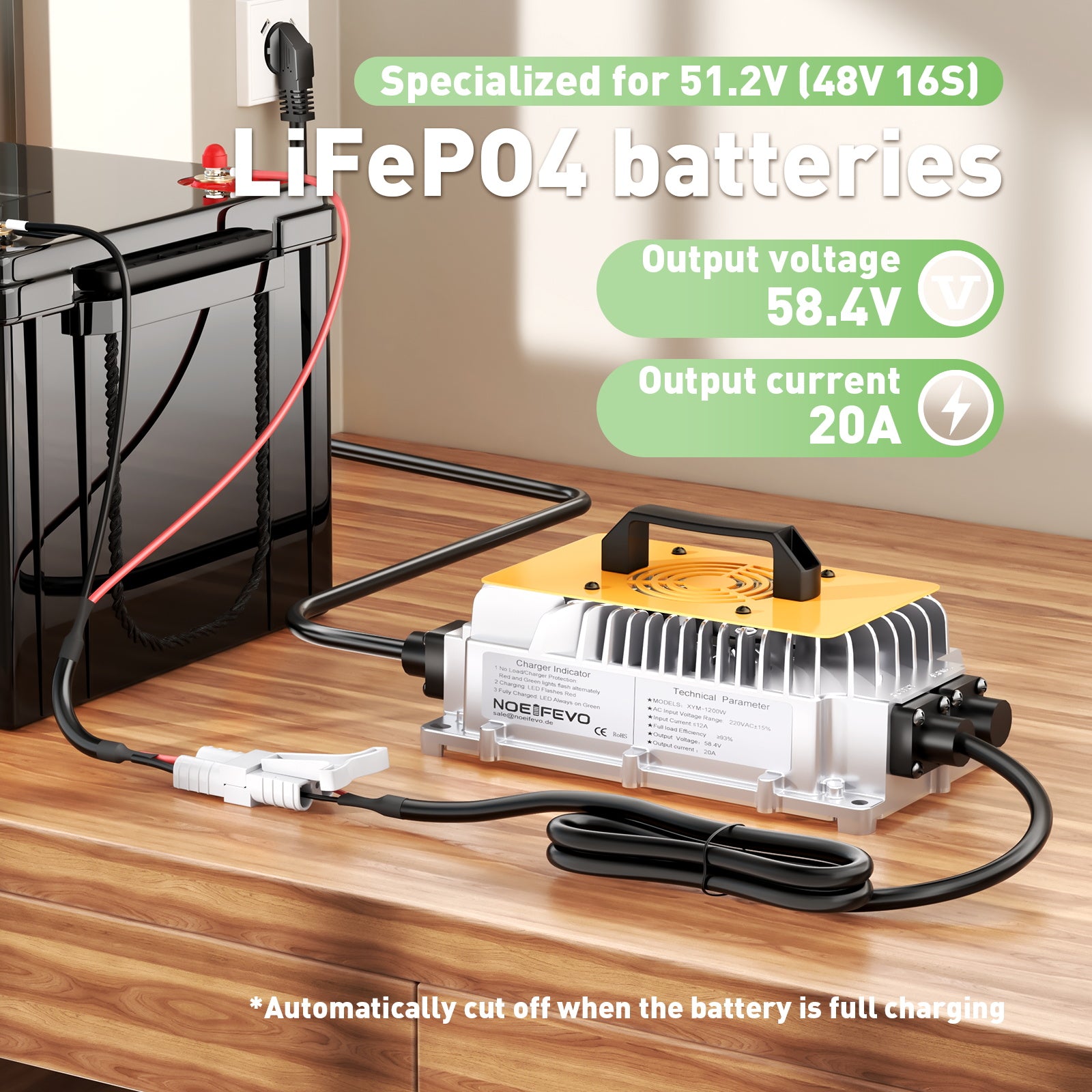 NOEIFEVO 58.4V 20A Lithium LiFePO4 Battery Charger for 48V (51.2V) 16S Battery, Waterproof, 0V BMS Activation, Automatic Shut-Off with Full Protection