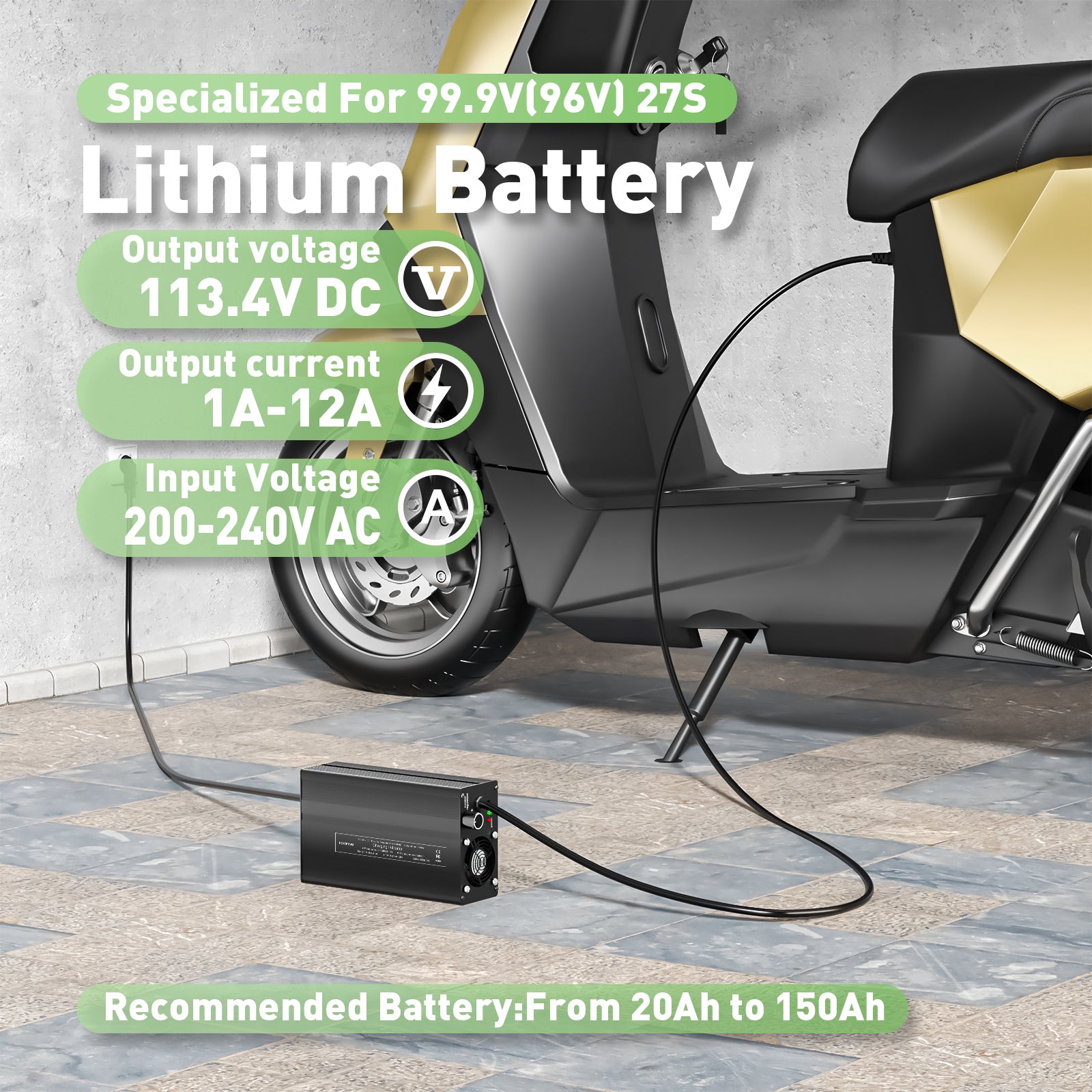 NOEIFEVO 113.4V 1A-12A Caricabatterie per batterie al litio 99.9V (96V) 27S, batteria Li-Ion-Li-Po, display LCD, corrente regolabile