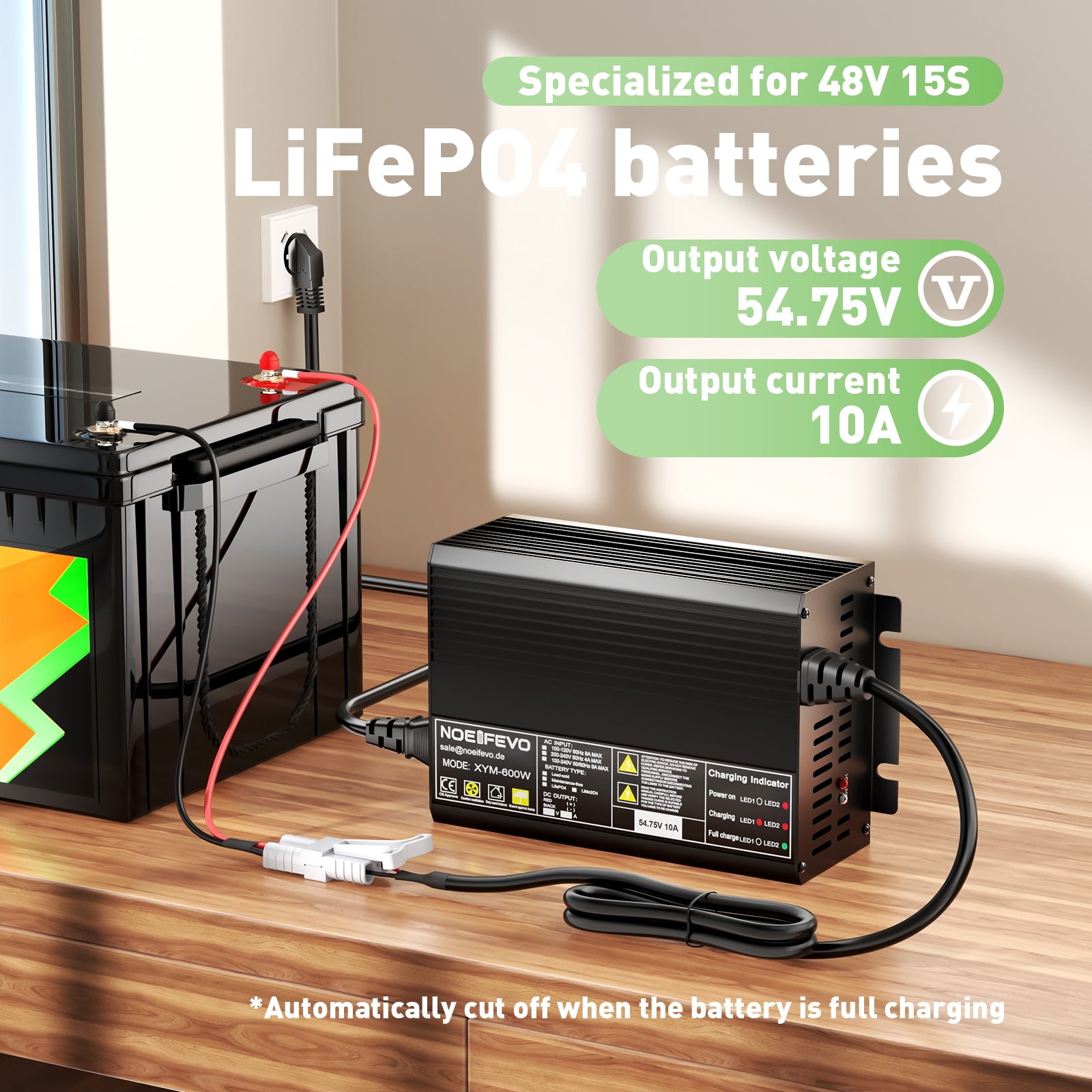 NOEIFEVO 54.75V 10A LiFePO4 Battery Charger for 48V 15S LiFePO4 Battery