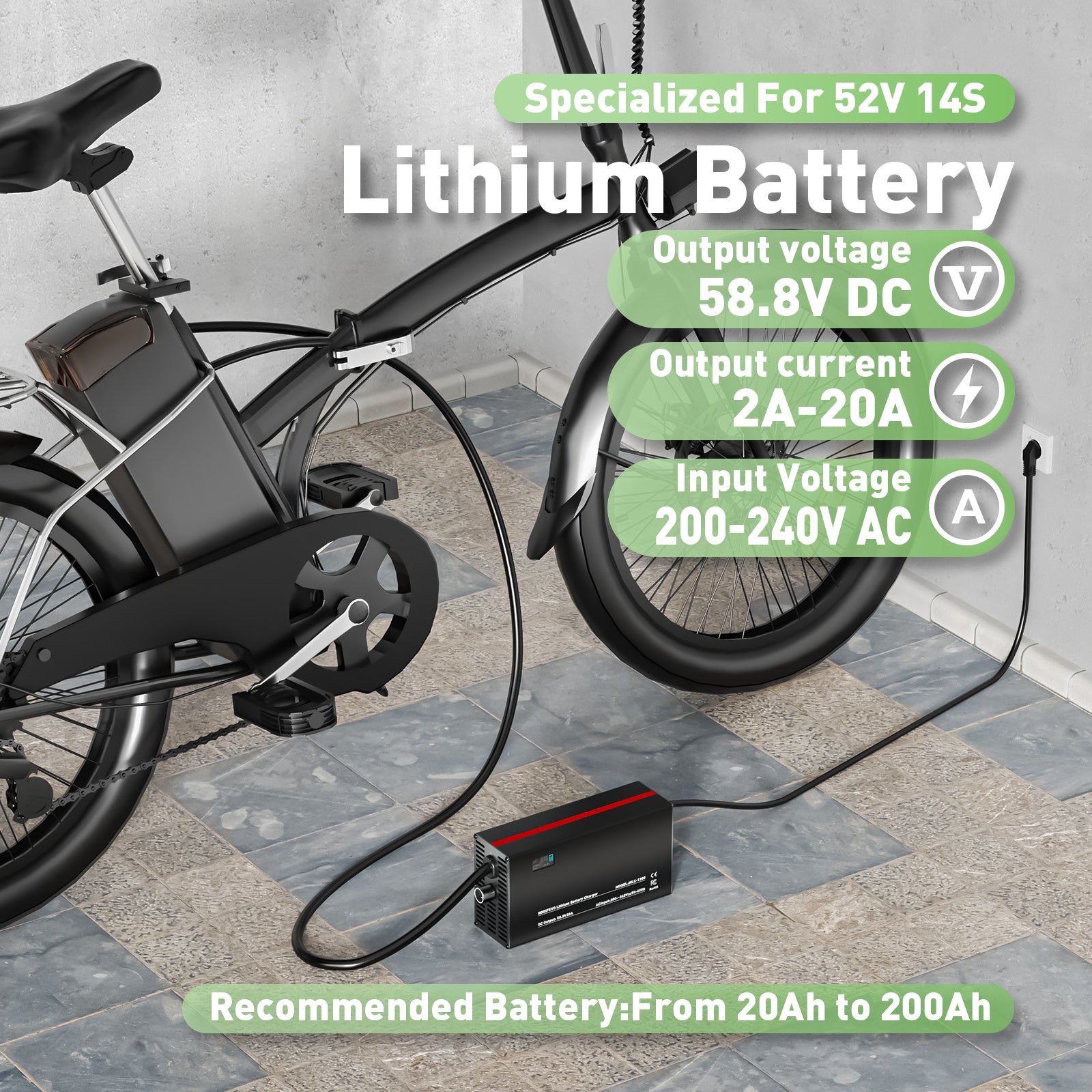 NOEIFEVO 58.8V 2-20A Lithium Battery Charger for 51.8V 52V 14S Lithium Li-Ion Lipo Battery, LCD Display, Adjustable Current, Charger for E-Bike, Scooter, Electric Motorcycle