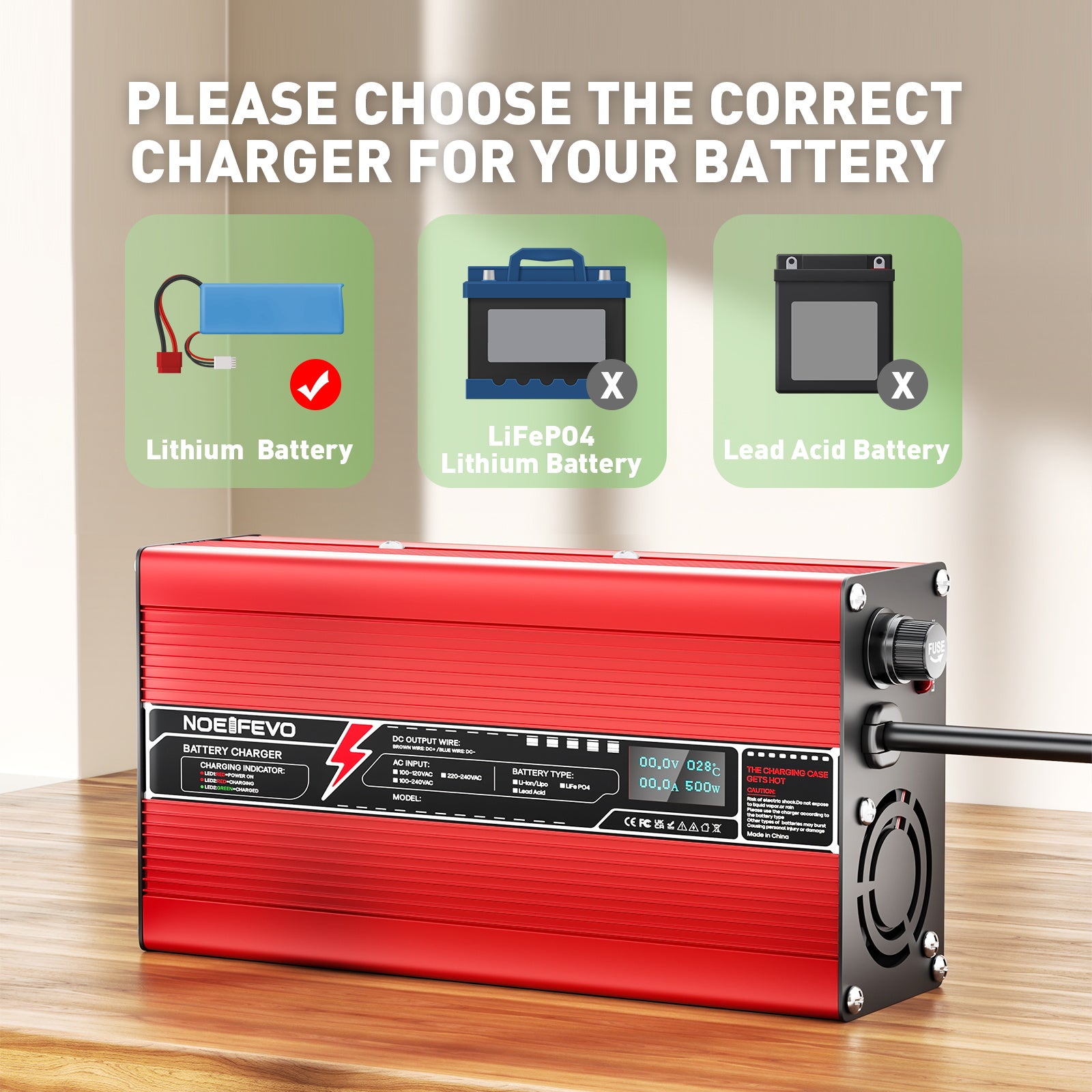 NOEIFEVO 73V 6A LiFePO4-batterilader for 64V 20S LiFePO4-batterier, automatisk avstenging, OLED-skjerm, aluminiumhus, med vifte