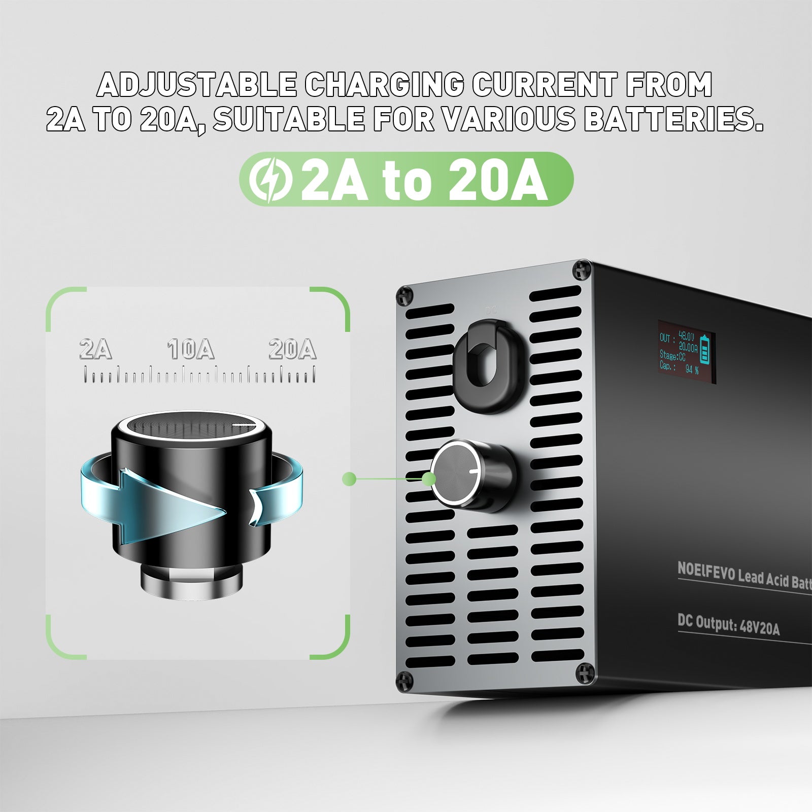 NOEIFEVO 48V 2A-20A Strom Einstellbares Batterieladegerät für Blei-Säure-Batterien, AGM, Gel, Golfwagen-Batterieladegerät, LED-Anzeige