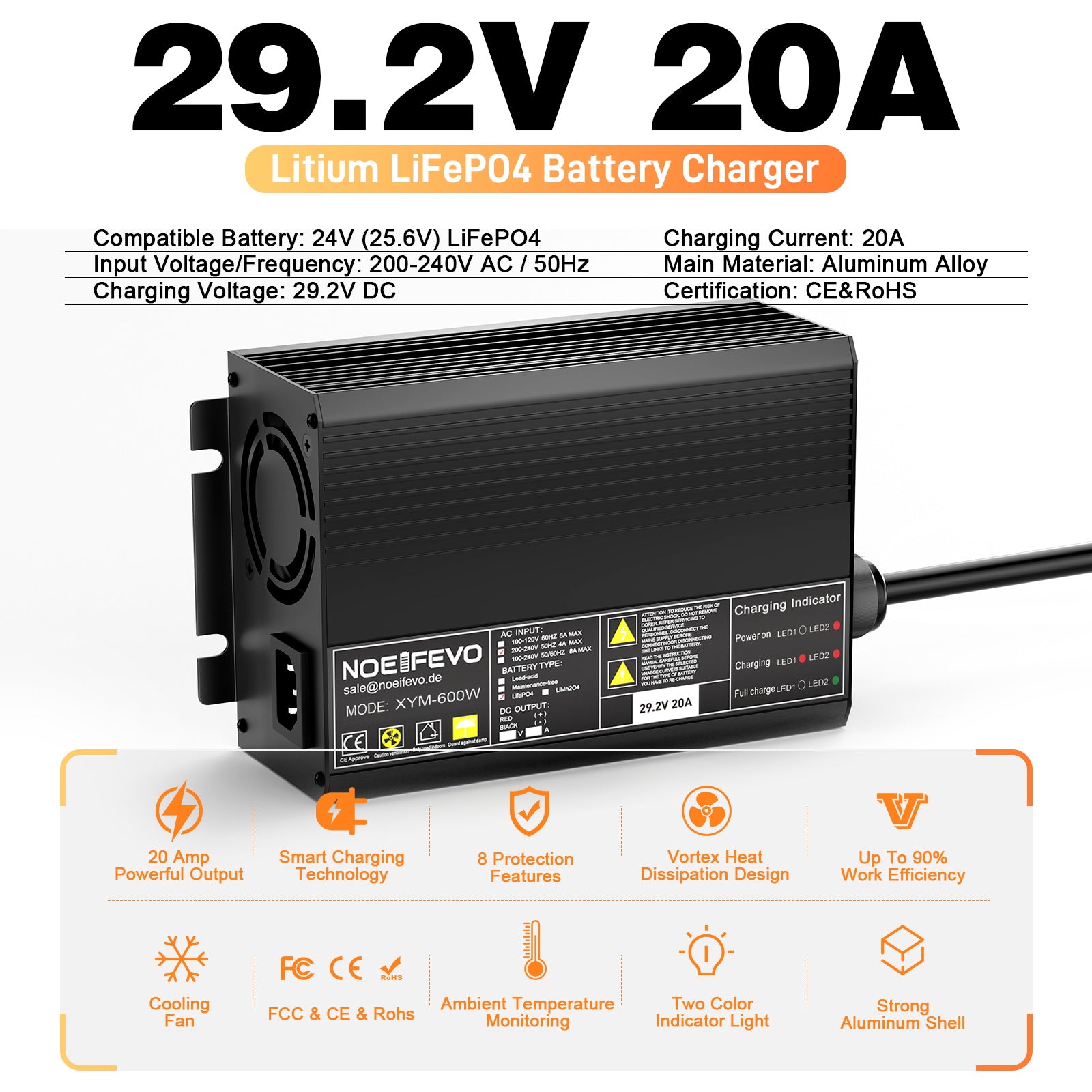 Noeifevo 29.2V 20A LiFePO4 Akku-Ladegerät für 24V 25.6V Lithium Akku, 0V BMS Aktivieren, Automatische Abschaltung mit Vollschutz