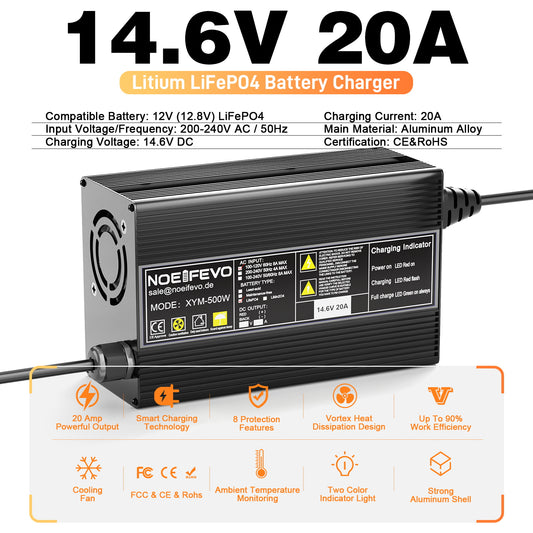Noeifevo 14.6V 20A LiFePO4 Akku Ladegerät für 12V 12.8V LiFePO4 Lithium Batterie, 0V BMS Aktivieren, Automatische Abschaltung,Aluminiumlegierung Gehäuse