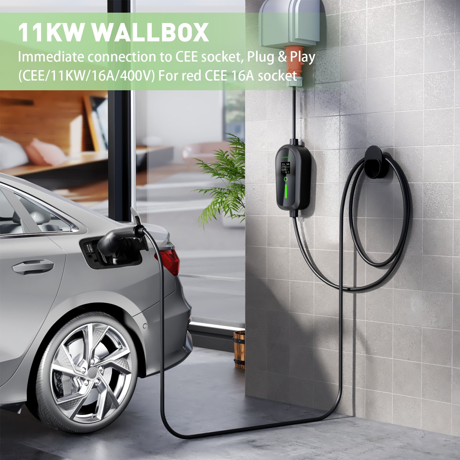 NOEIFEVO F097 11KW EV Mobile Wallbox mit APP, 3-phasig 6-16A mit Einstellbarer Ladeleistung, Wlan-Fernbedienung Ladekabel CEE 16A auf Typ 2  EV Ladegerät