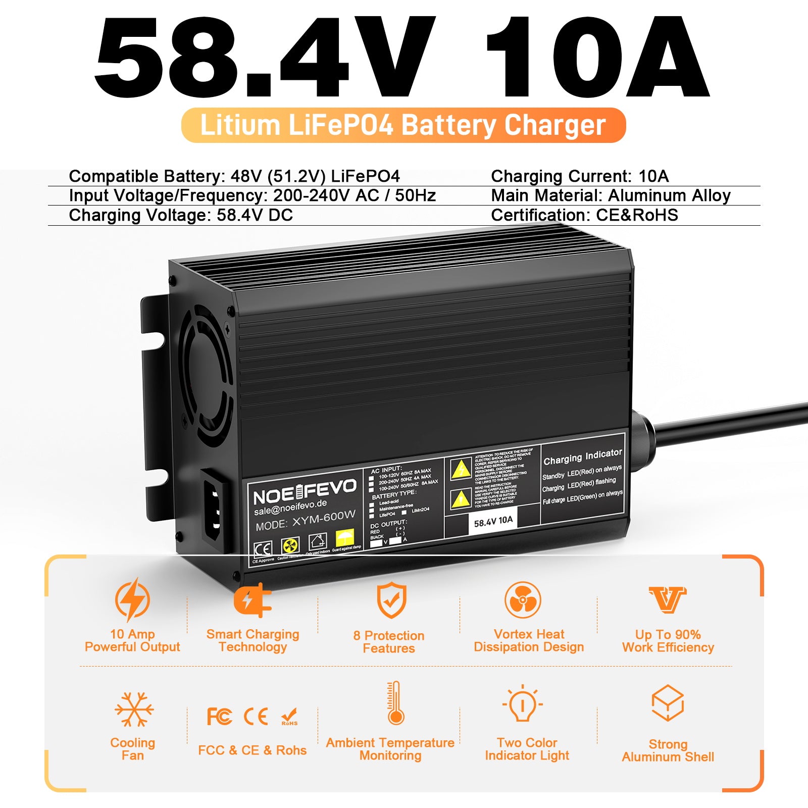 NOEIFEVO 58.4V 10A LiFePO4 Battery Charger for 51.2V (48V) 16S Lithium Battery For Golf Wagons, Motorhomes and Electric Angling Motors