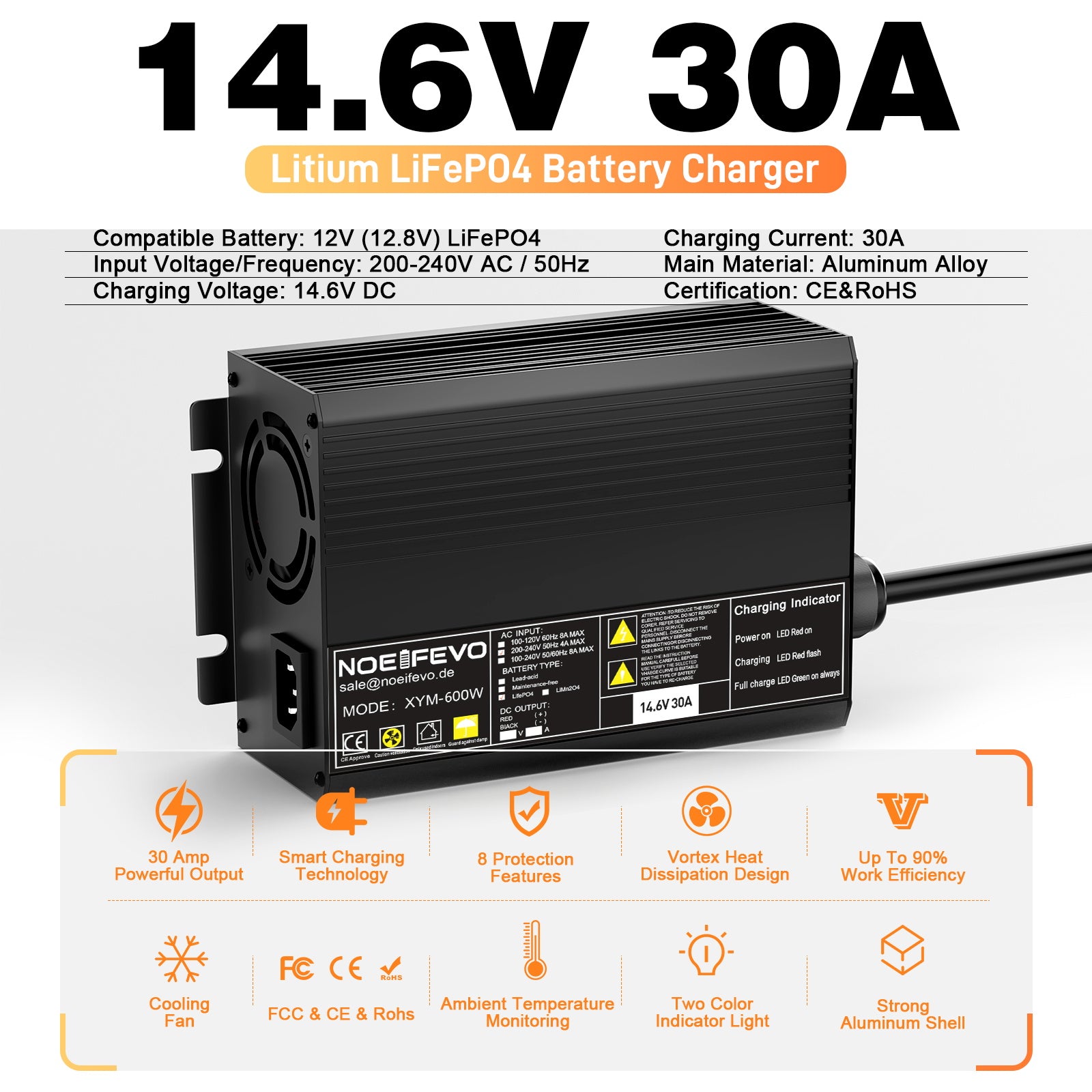 Noeifevo 12V 12.8V 30A Lithium LiFePO4 Akku Ladegerät, Ladespannung 14,6V, 0V BMS-Aktivierung, automatische Abschaltung, Aluminiumgehäuse