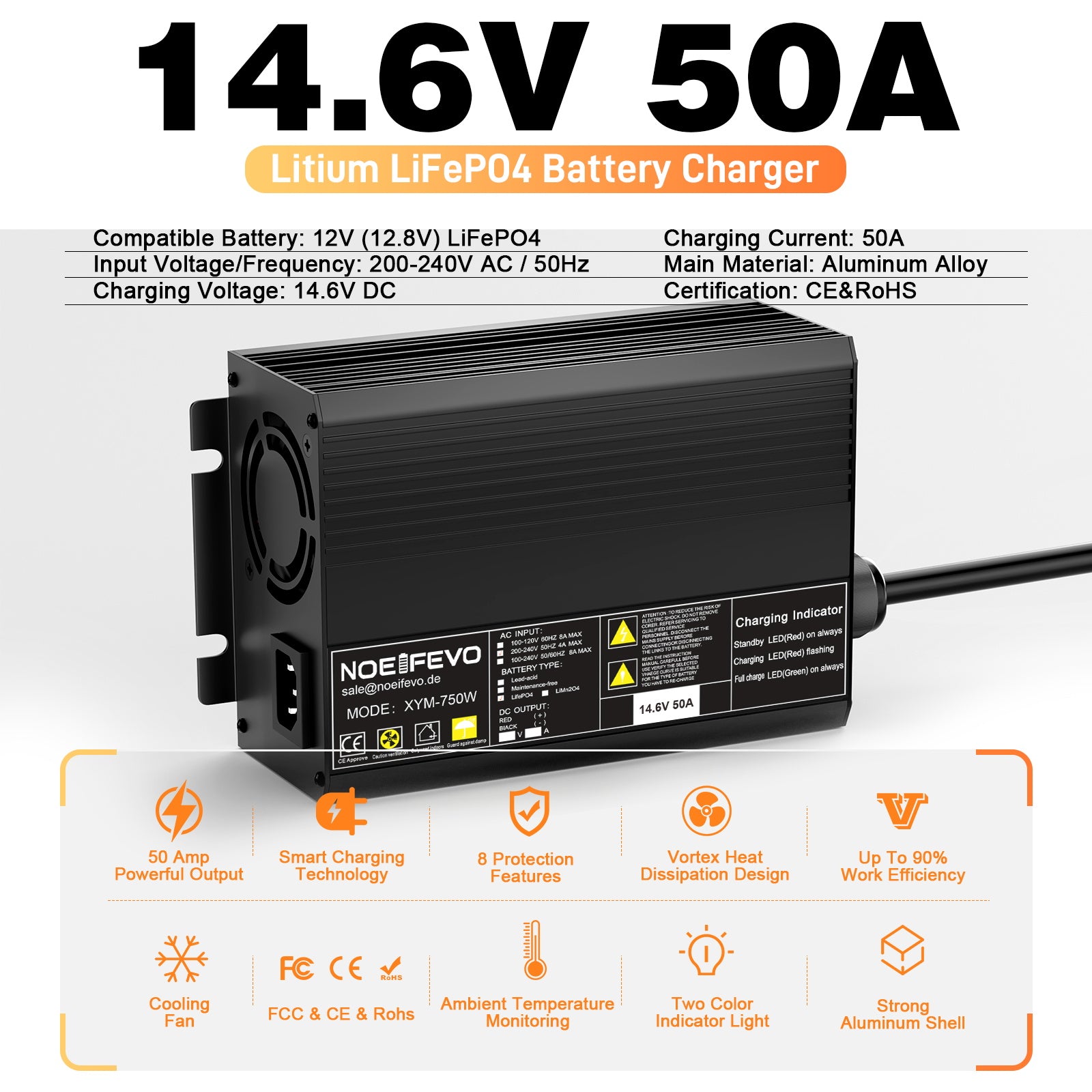 Noifevo 14.6V 50A Fast Lithium LiFePO4 Battery Charger for 12V(12.8V) LiFePO4 Battery, 0V BMS Activation, Automatic Shutdown with Full Protection
