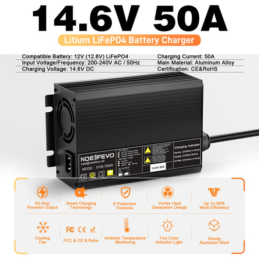 Noifevo 14.6V 50A Fast Lithium LiFePO4 Battery Charger for 12V(12.8V) LiFePO4 Battery, 0V BMS Activation, Automatic Shutdown with Full Protection