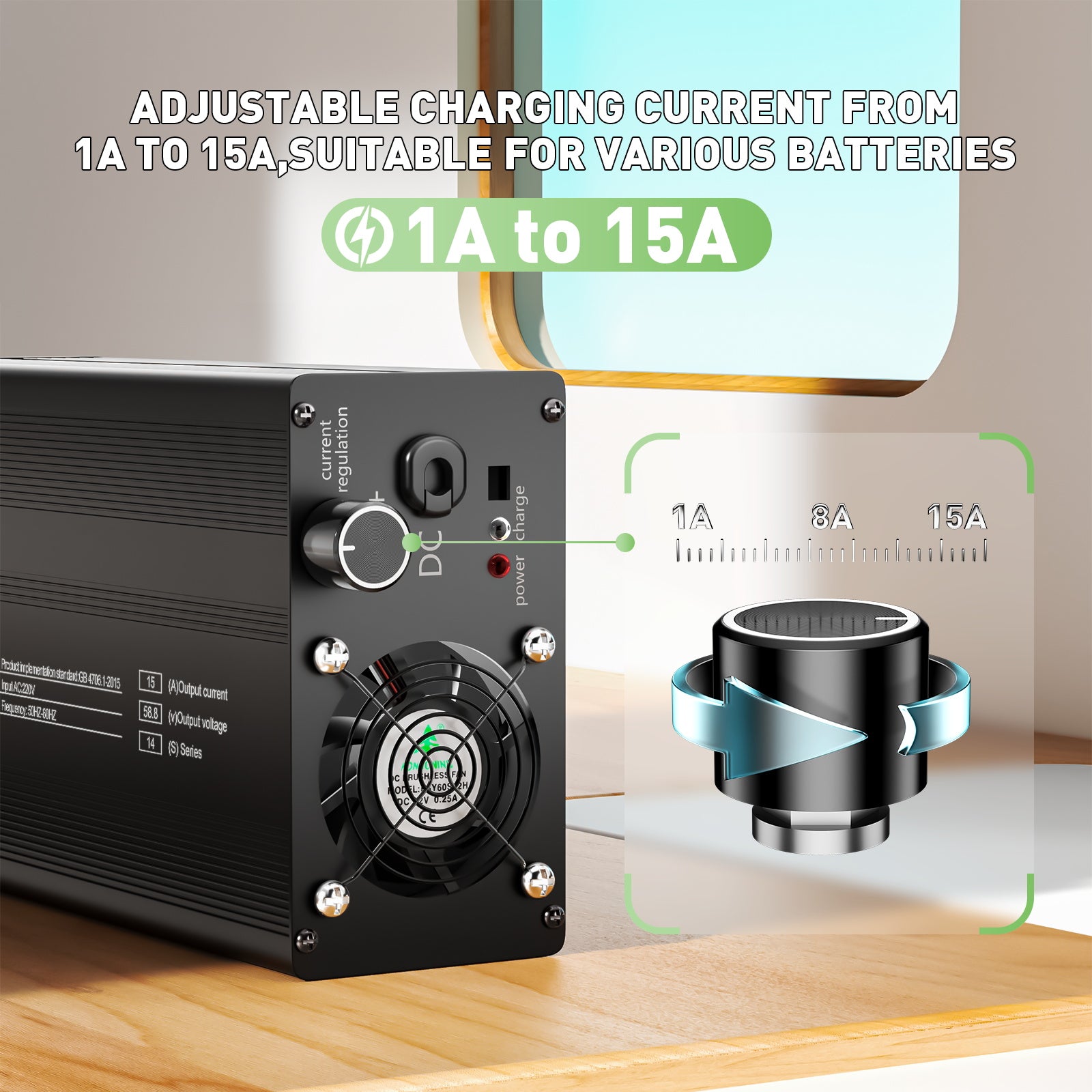 NOEIFEVO 48V 14S Lithium Battery Charger - 58.8V Output, 1-15A Adjustable Current, Fast/Slow Charge Modes (MLC1300)