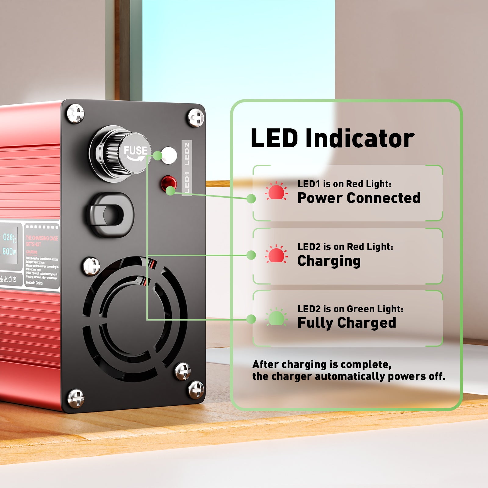 NOEIFEVO 73V 6A LiFePO4-batterilader for 64V 20S LiFePO4-batterier, automatisk avstenging, OLED-skjerm, aluminiumhus, med vifte