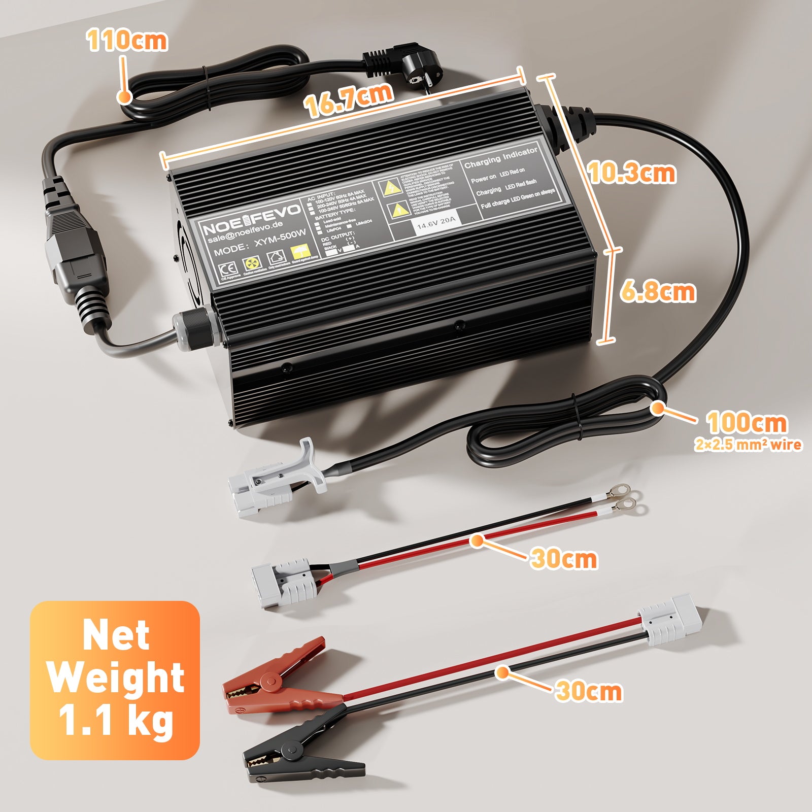 Noeifevo 14.6V 20A LiFePO4 Akku Ladegerät für 12V 12.8V LiFePO4 Lithium Batterie, 0V BMS Aktivieren, Automatische Abschaltung,Aluminiumlegierung Gehäuse