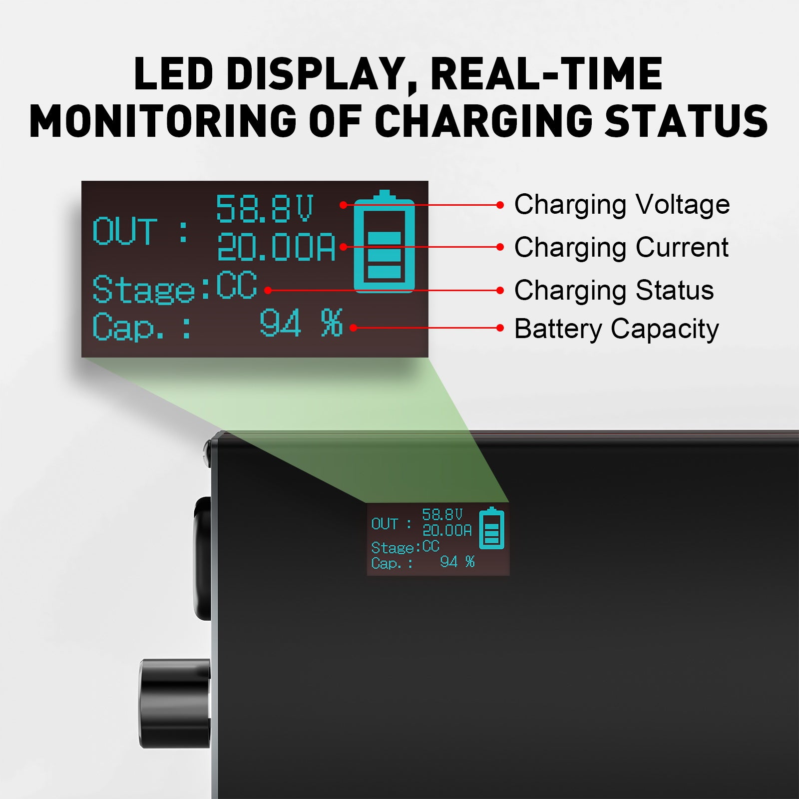NOEIFEVO 58.8V 2-20A Lithium Battery Charger for 51.8V 52V 14S Lithium Li-Ion Lipo Battery, LCD Display, Adjustable Current, Charger for E-Bike, Scooter, Electric Motorcycle