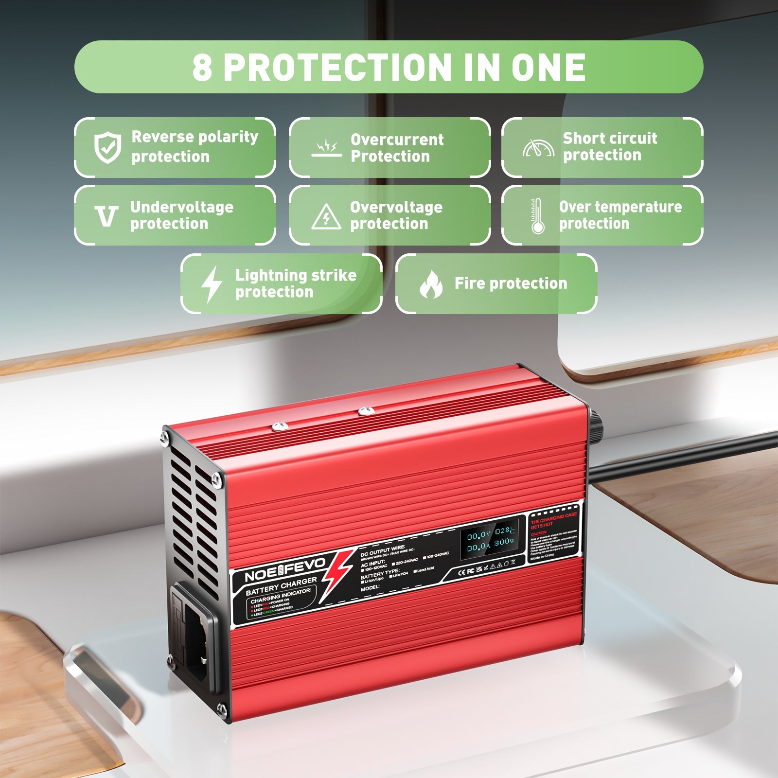 NOEIFEVO 36V 6A blysyre-batterilader, OLED-skjerm, aluminiumsdeksel, intelligent hurtiglader, GX16/XT60/XT90/M8/Anderson 50A