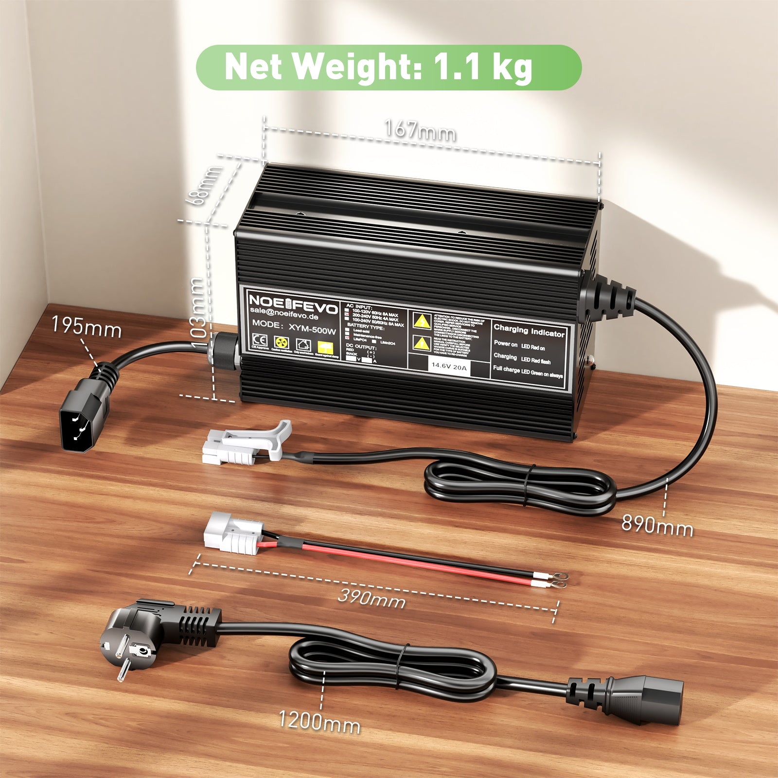 Noeifevo 14.6V 20A LiFePO4 Battery Charger for 12V 12.8V LiFePO4 Lithium Batteries, 0V BMS Activation, Auto Shut-Off, Aluminum Alloy Housing
