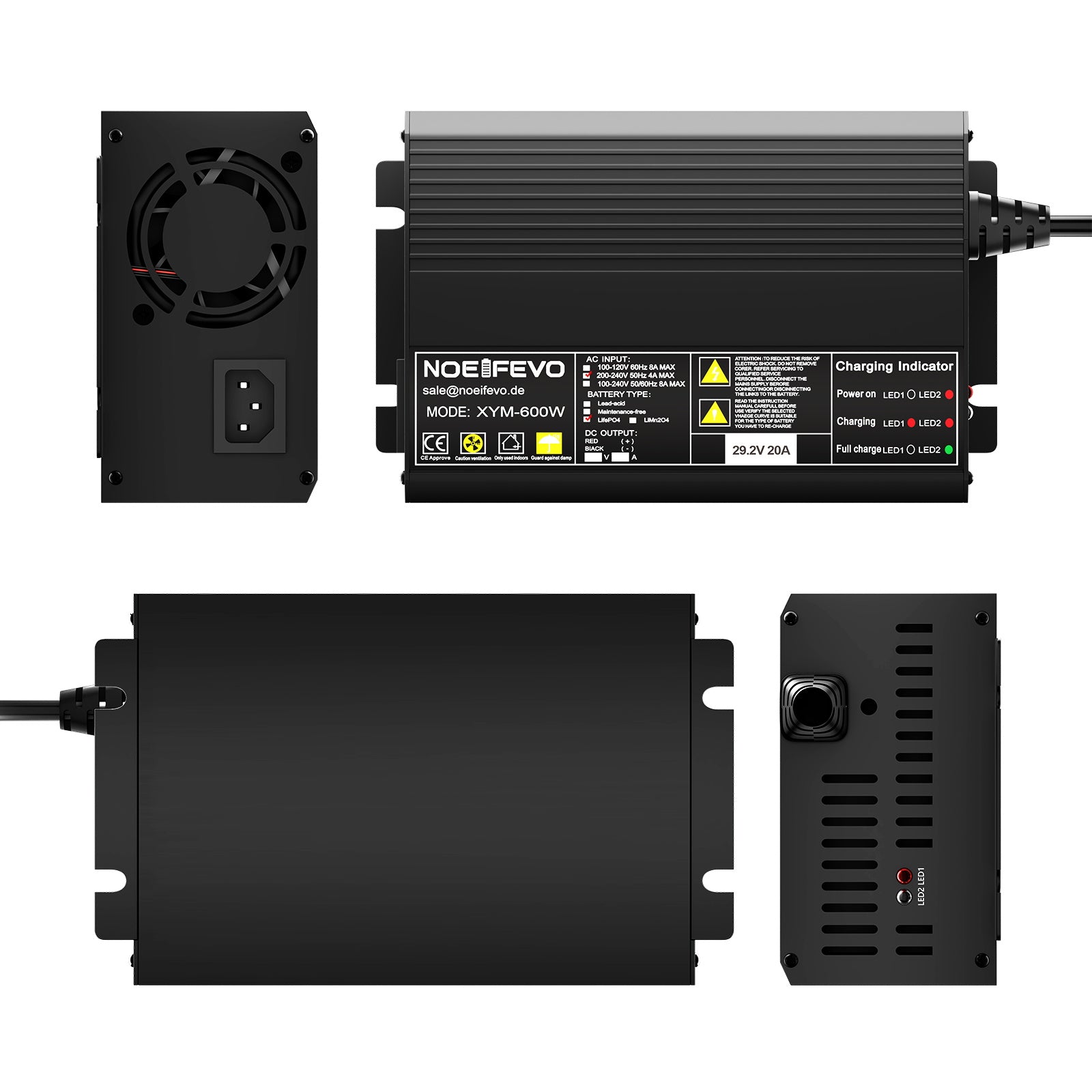 Noeifevo 29,2V 20A LiFePO4 batteriladdare för 24V 25,6V litiumbatteri, 0V BMS aktivera, automatisk avstängning med fullt skydd