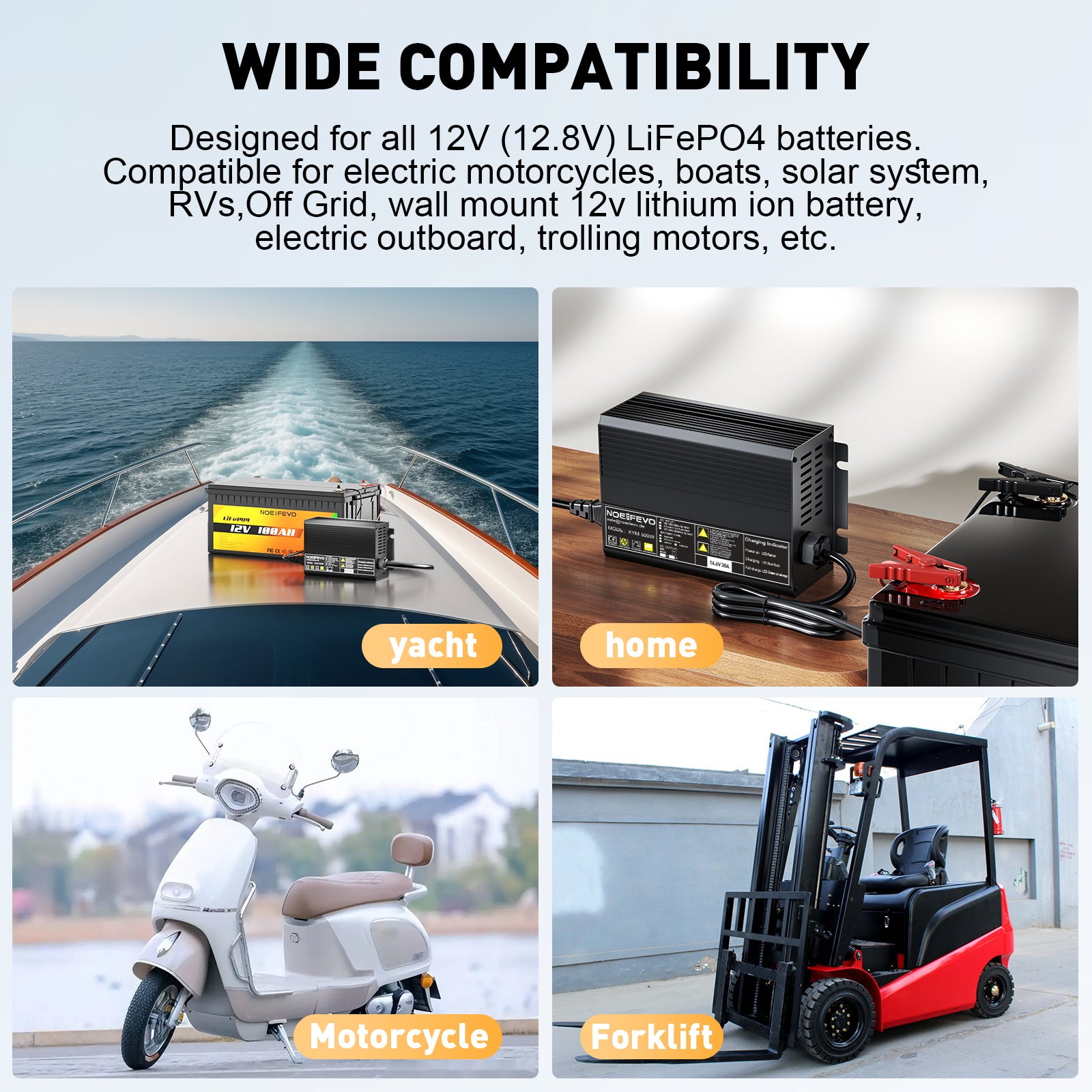 Noeifevo 12V 12.8V 30A Lithium LiFePO4 Akku Ladegerät, Ladespannung 14,6V, 0V BMS-Aktivierung, automatische Abschaltung, Aluminiumgehäuse