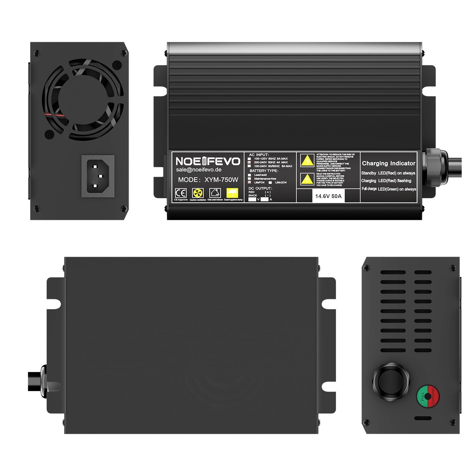 Noeifevo 14.6V 50A Fast Lithium LiFePO4 Battery Charger for 12V (12.8V) LiFePO4 Batteries, 0V BMS Activation, Automatic Shutdown with Full Protection