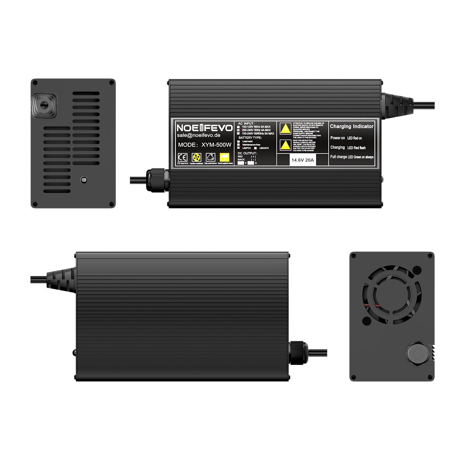 Noeifevo 14.6V 20A LiFePO4 Battery Charger for 12V 12.8V LiFePO4 Lithium Batteries, 0V BMS Activation, Auto Shut-Off, Aluminum Alloy Housing