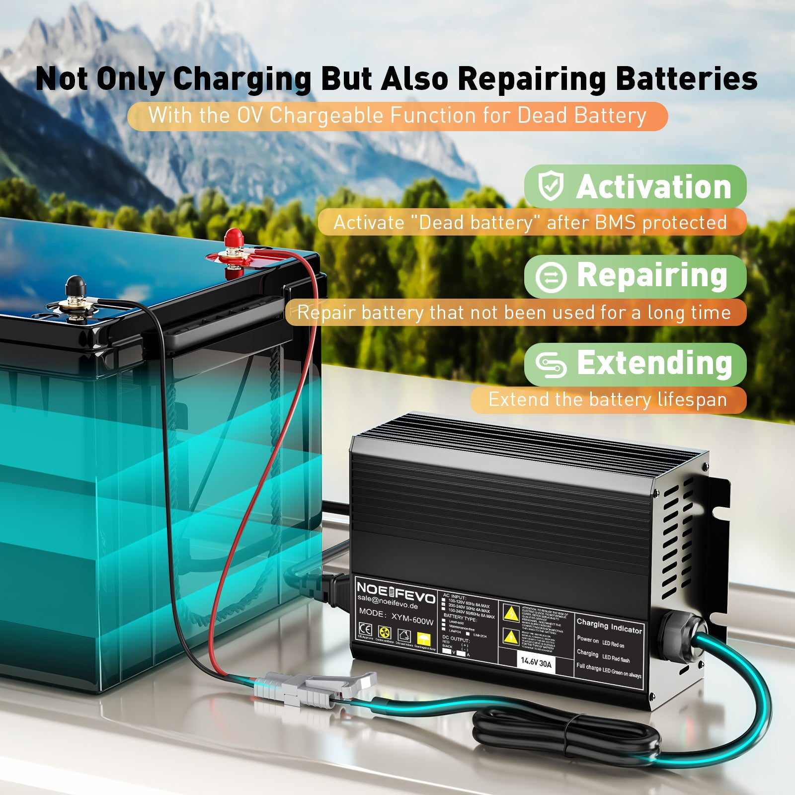 Noeifevo 12V 12.8V 30A Lithium LiFePO4 Akku Ladegerät, Ladespannung 14,6V, 0V BMS-Aktivierung, automatische Abschaltung, Aluminiumgehäuse