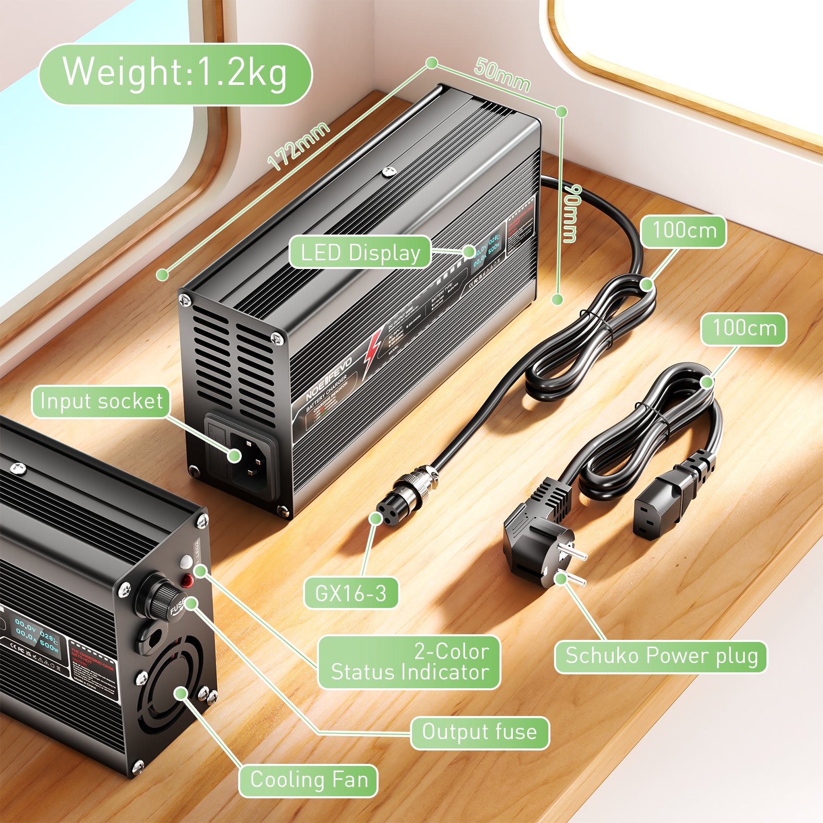 NOEIFEVO 60V 6A  Blei-Säure-Batterieladegerät, OLED-Anzeige, Aluminiumgehäuse, intelligentes Schnellladegerät