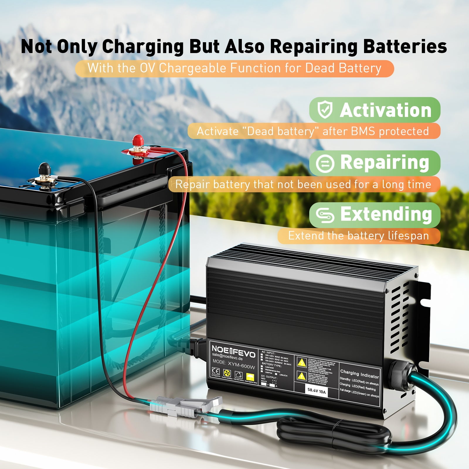 NOEIFEVO 58.4V 10A LiFePO4 Battery Charger for 51.2V (48V) 16S Lithium Battery For Golf Wagons, Motorhomes and Electric Angling Motors