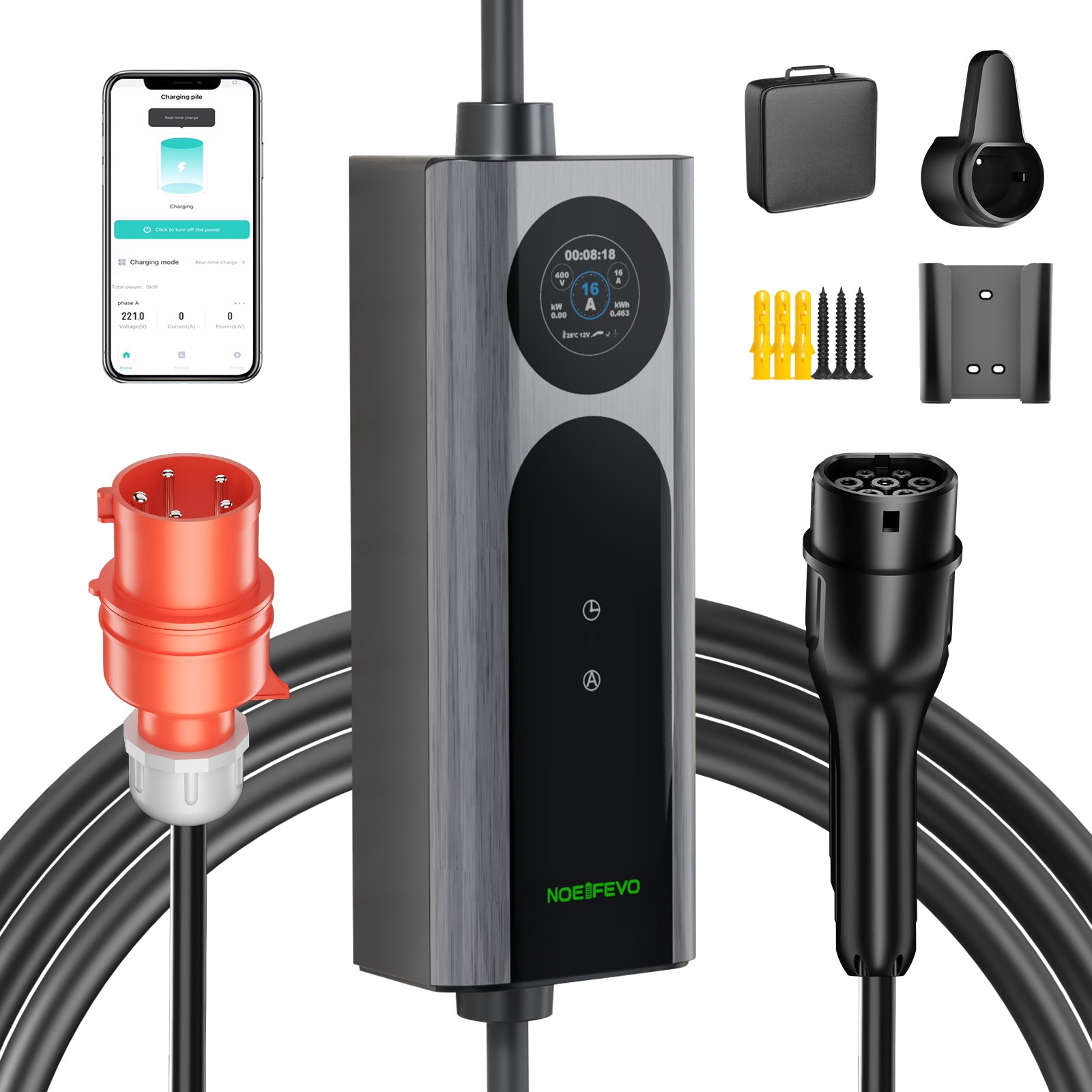 NOEIFEVO Q21W Wlan Mobile Wallbox 11kW mit APP Fernsteuerung ,5m/10m Typ2 CEE16A 3Phase Ladekabel Elektroauto