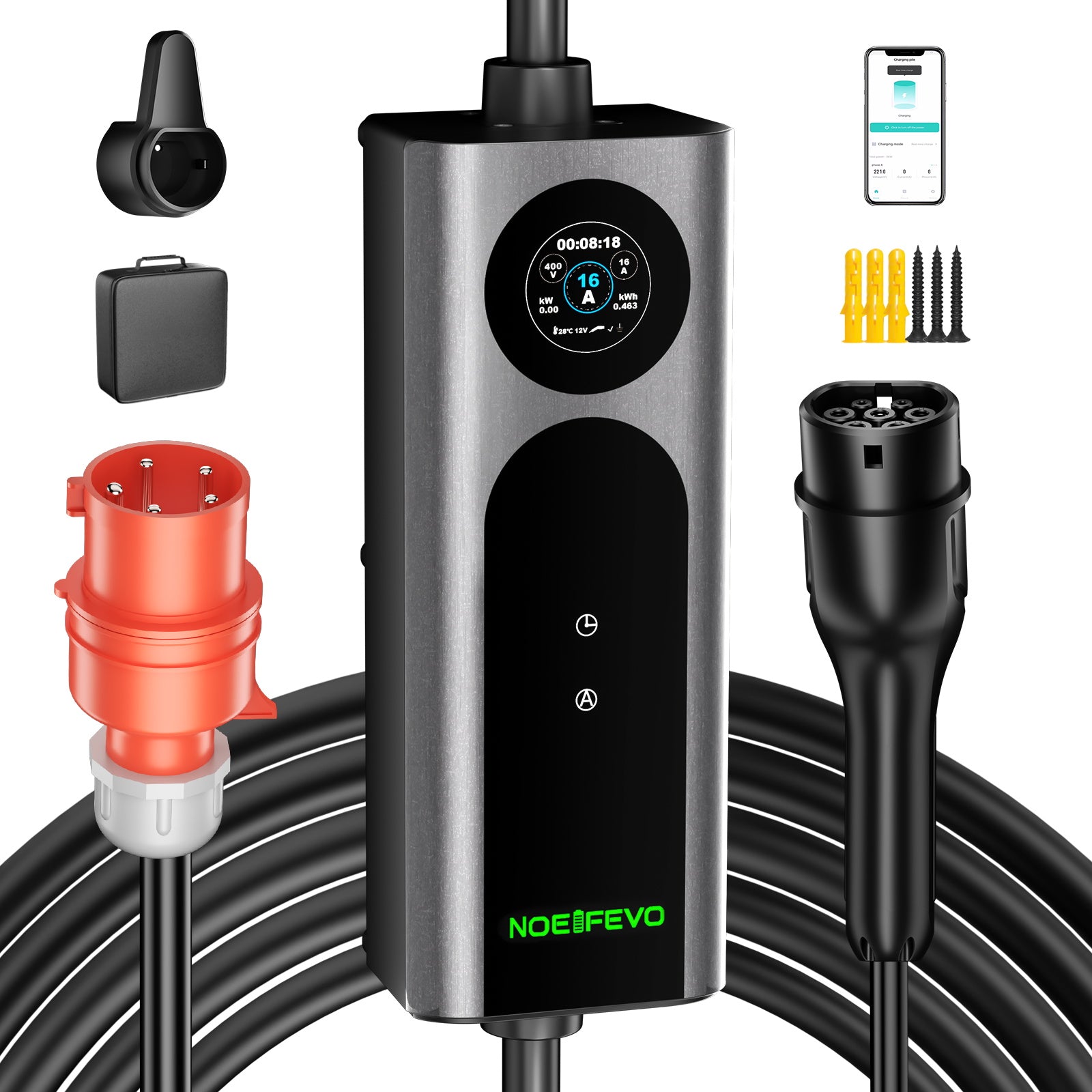 NOEIFEVO Typ2 Mobile EV Wallbox, 11KW 3-phase CEE16A Adjustable Charging Power EV Charger, 5m/10m/15m EV Ladekabel for Model Y/3, ID.3/4/5, MG4, EX30, e-up, e-tron, Zoe and other EVs