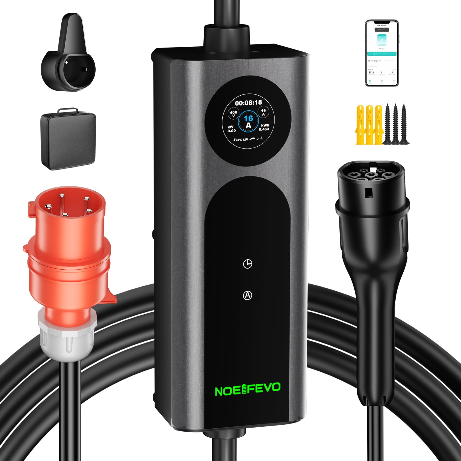 NOEIFEVO Typ2 Mobile EV Wallbox, 11KW 3-phase CEE16A Adjustable Charging Power EV Charger, 5m/10m/15m EV Ladekabel for Model Y/3, ID.3/4/5, MG4, EX30, e-up, e-tron, Zoe and other EVs