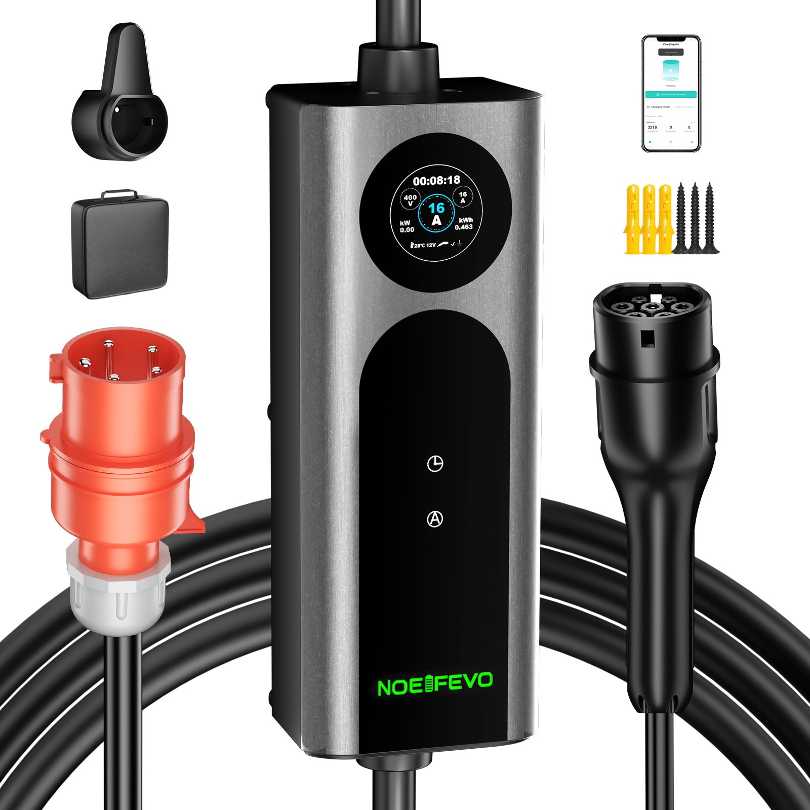 NOEIFEVO Typ2 Mobile EV Wallbox, 11KW 3-phase CEE16A Adjustable Charging Power EV Charger, 5m/10m/15m EV Ladekabel for Model Y/3, ID.3/4/5, MG4, EX30, e-up, e-tron, Zoe and other EVs