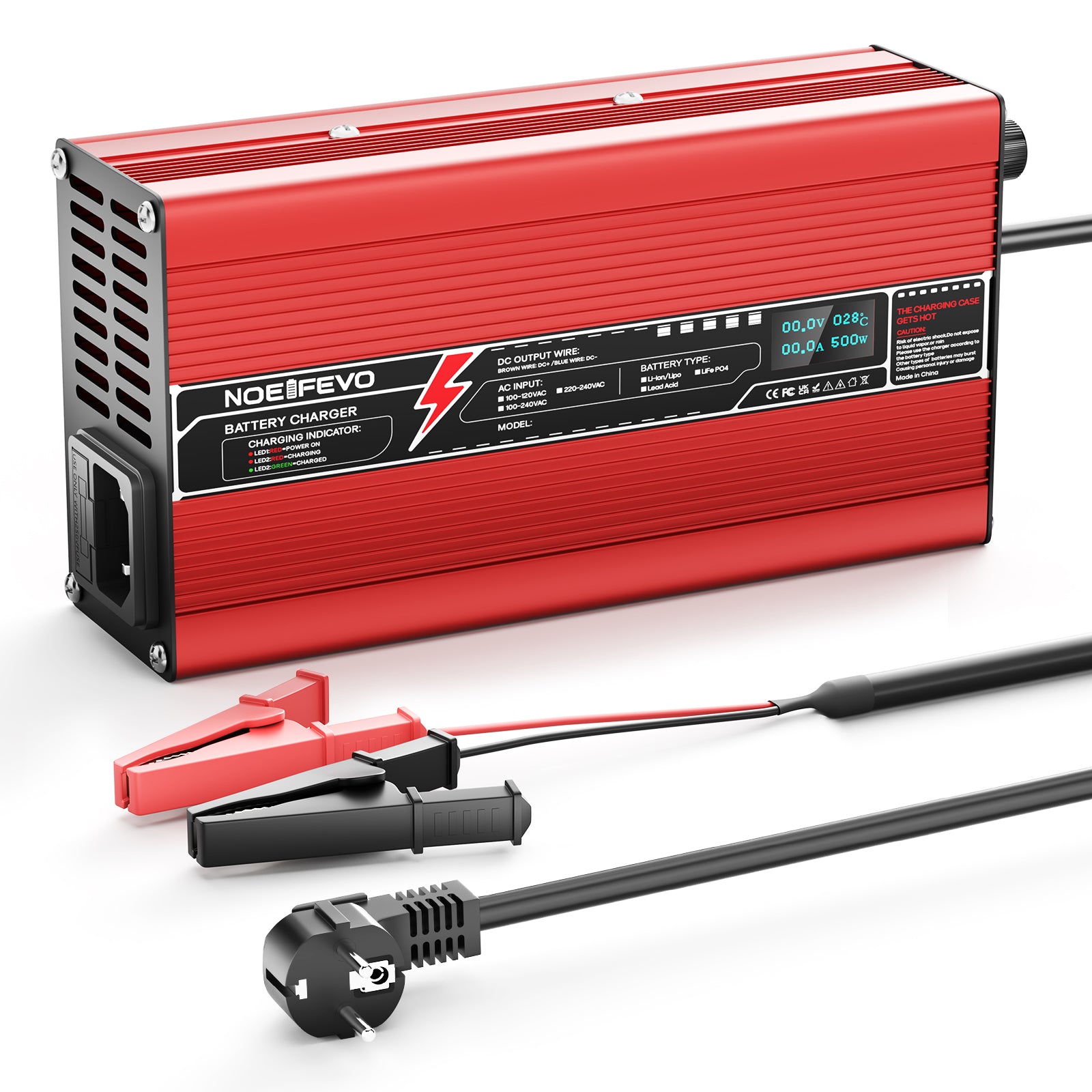 NOEIFEVO 73V 6A LiFePO4-batterilader for 64V 20S LiFePO4-batterier, automatisk avstenging, OLED-skjerm, aluminiumhus, med vifte