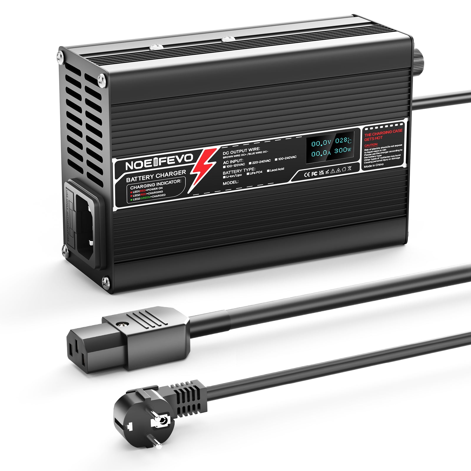 NOEIFEVO 21V 10A lithiumoplader til 5S 18,5V batteri, LED-skærm, aluminiumskasse, blæser