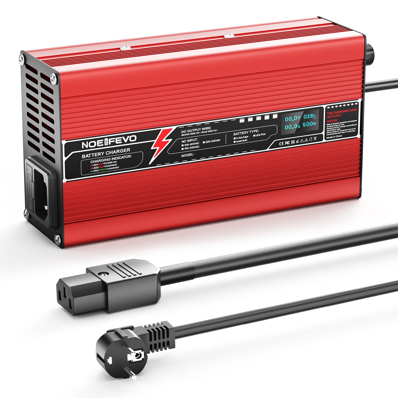 NOEIFEVO 73V 6A LiFePO4-batterilader for 64V 20S LiFePO4-batterier, automatisk avstenging, OLED-skjerm, aluminiumhus, med vifte